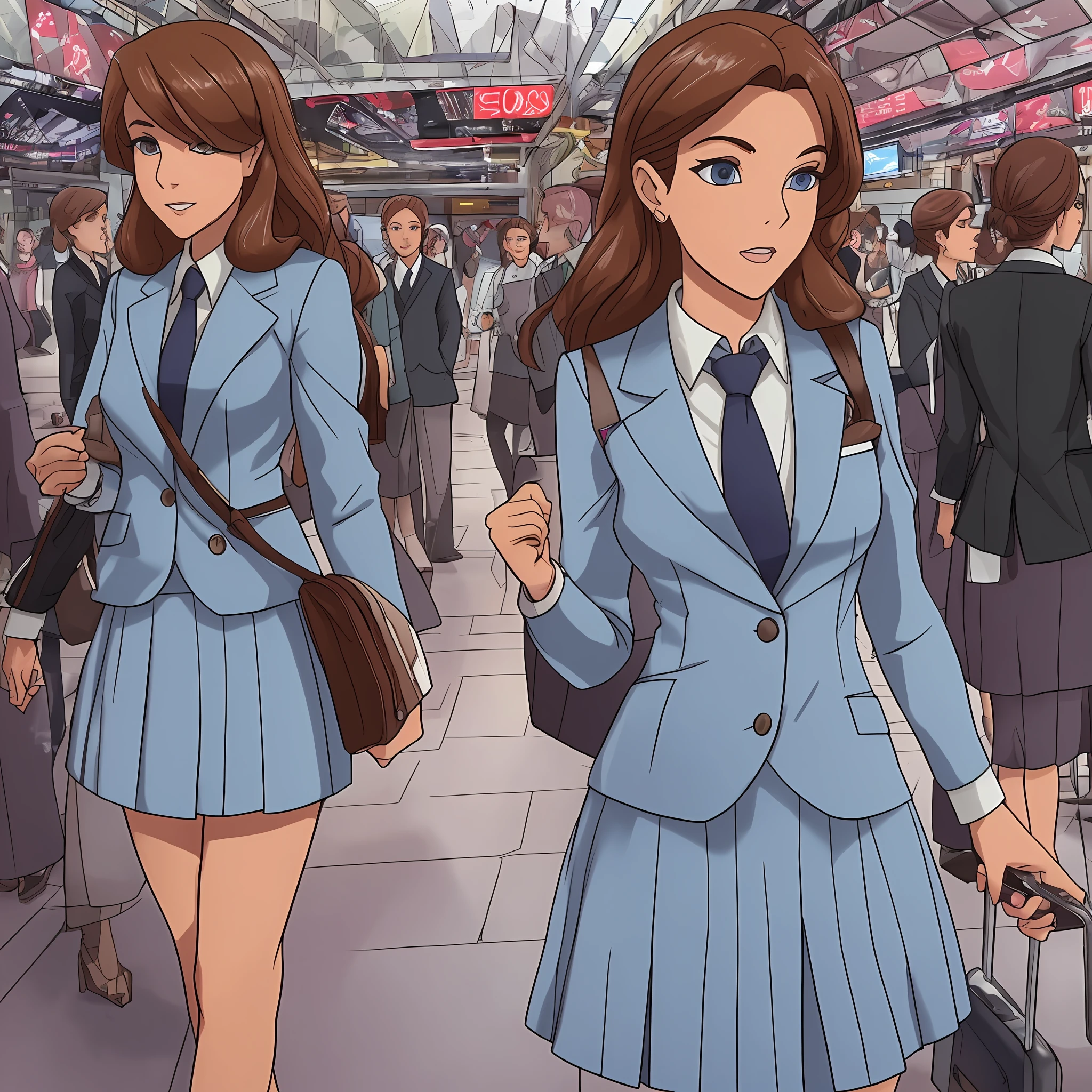 {{Mature female, caucasian}}, looking at viewer, hazel eyes, extremely detailed, medium breasts, brown hair, airport, flight attendant, uniform, blue blazer, necktie, blue skirt, medium skirt, pencil skirt, blue high heels, happy, best quality, high quality, extremely detailed anime screencap, {{{{crowded, multiple girls, thousands of sisters, millions of sisters,billions of sisters, clone, doppelganger, matching outfit, matching hairstyle}}}}, full body