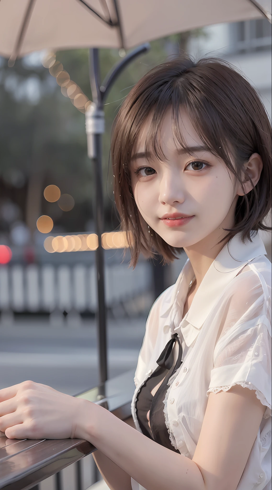 (8K, Top Quality, Masterpiece: 1.2), (Realistic, Photorealistic: 1.37), Super Detailed, 1 Girl, Cute, Solo, Beautiful Details Sky, More Cafe, Night, Sitting, Date, (Blush), (Smile: 1.15), Small Breasts (Mouth Closed), Beautiful Detail Eyes, (Shirt with Collar: 1.1), Night, Wet, Business Clothes, Rain, White Lace, (Short Hair: 1.2), floating hair novafrog style、、、、 topless,