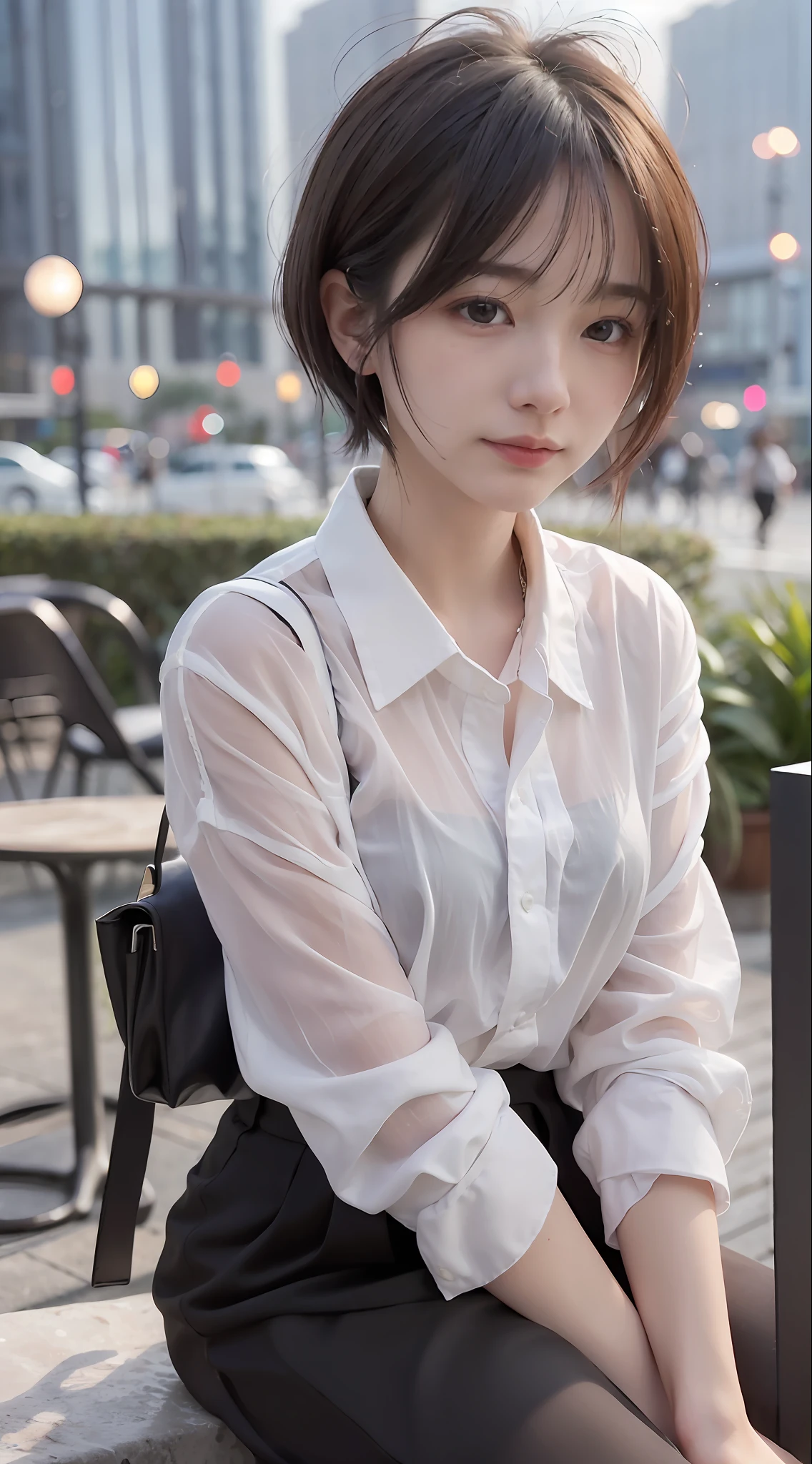 (8K, Top Quality, Masterpiece: 1.2), (Realistic, Photorealistic: 1.37), Super Detailed, 1 Girl, Cute, Solo, Beautiful Details Sky, More Cafe, Night, Sitting, Date, (Blush), (Smile: 1.15), Small Breasts (Mouth Closed), Beautiful Detail Eyes, (Shirt with Collar: 1.1), Night, Wet, Business Clothes, Rain, White Lace, (Short Hair: 1.2), floating hair novafrog style、、、、 topless,