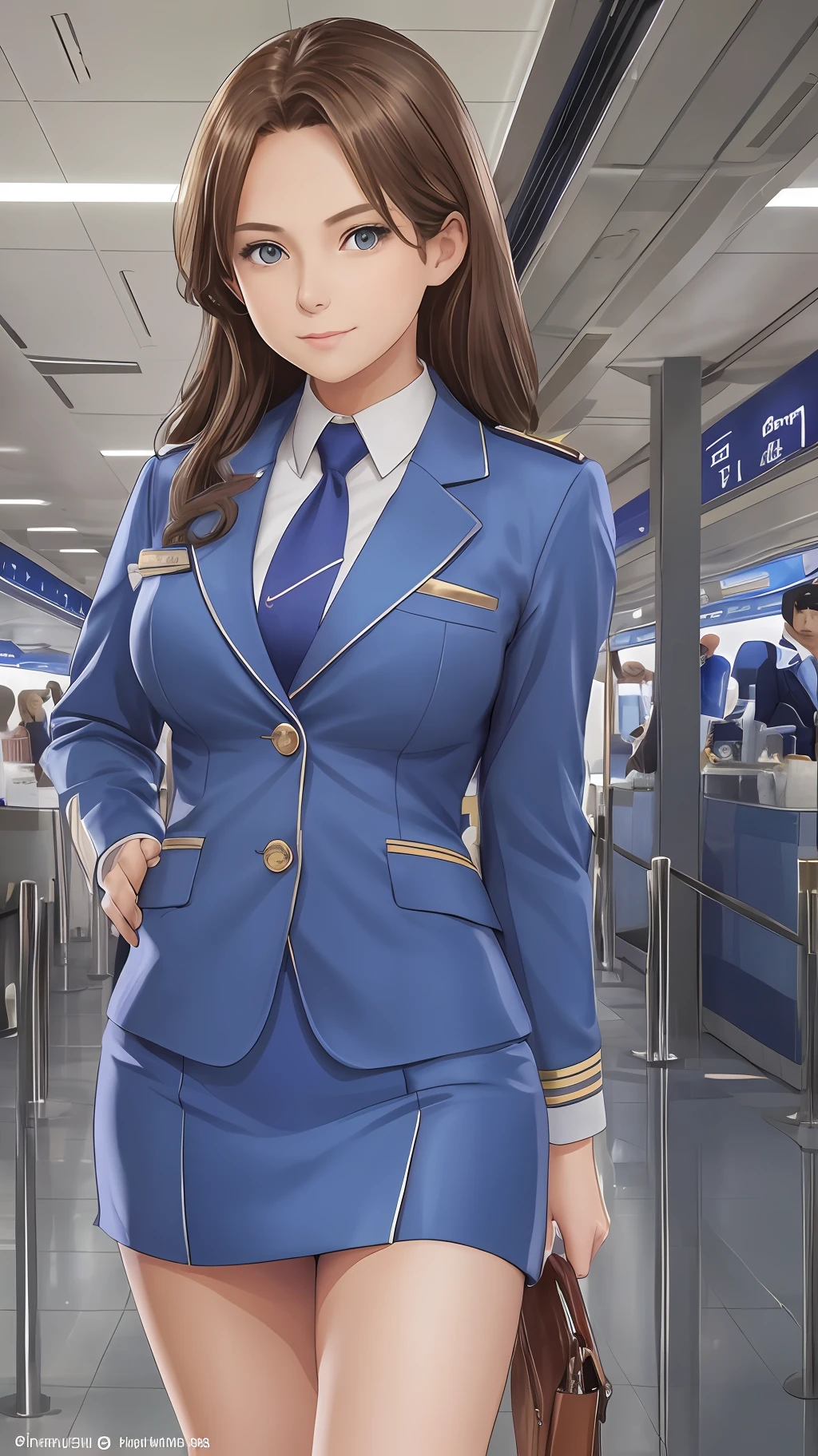 {{Mature female, caucasian}}, looking at viewer, hazel eyes, extremely detailed, medium breasts, brown hair, airport, flight attendant, uniform, blue blazer, necktie, blue skirt, medium skirt, pencil skirt, blue high heels, happy, best quality, high quality, extremely detailed anime screencap, {{{{crowded, multiple girls, thousands of sisters, millions of sisters,billions of sisters, clone, doppelganger, matching outfit, matching hairstyle}}}}, full body