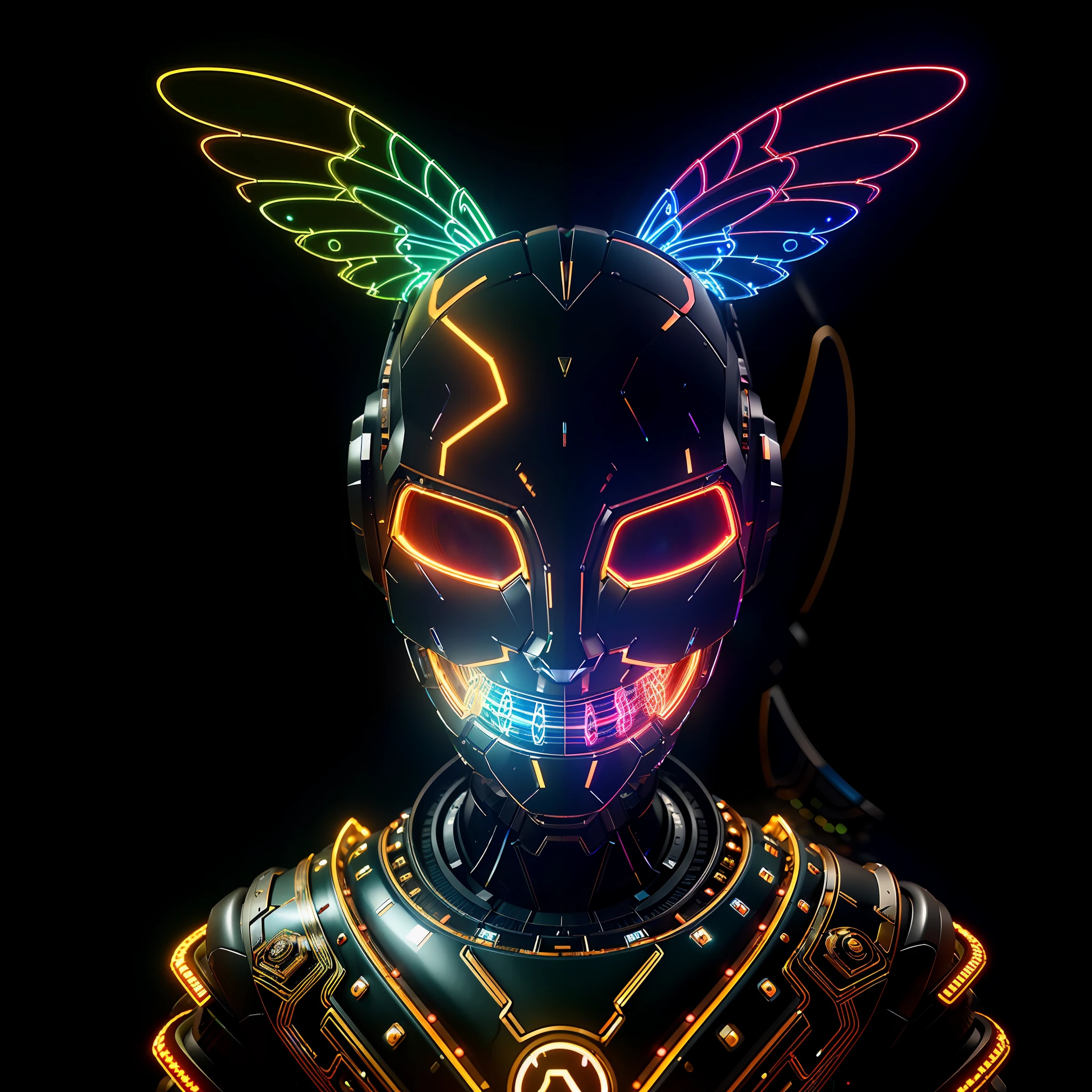 Psychedelic cyborg shaman, visionary art, (DMT aura in fractal cyberpop kawaii art:1.7), (a queer humanoid with a smiling robotic cat head:1.6) and (metal-bone-wire wings:1.5) emerge from (a cosmic circus of asemic symbols:1.4), (inspired by Robert Smithson’s Spiral Jetty:1.3). The humanoid is (gold plated and dripping: 1.8) and wears (a Boris Bidjan Saberi outfit with art nouveau embroidery: 1.6) and (a Hello Kitty mask with glowing eyes: 1.5). Its body is adorned with (Mandelbrot fractals: 1.7). Its colors are (iridescent: 1.5). The image is captured by (a Canon EOS 5D Mark IV camera:1.2), with (a 45 degree top angle:1.3) and (a dynamic zoom:1.4), and rendered with (ultra-detailed CGI effects:1.9), using ( Blender software with Cycles:1.2 rendering engine). The image combines (photorealistic-hyperrealistic areas with surreal-abstract areas: 1.8), creating a contrast between (organic-geometric, natural-artificial, figurative-generative: 1.7). The image is suitable for (an album cover or a wallpaper: 1.3). The humanoid seamlessly transforms into a streamlined robotic cat mask embroidered with metallic threads and pearls, complete with a small lab flask containing an abstract bipolar brain, in a microworld style that fuses Tobias Gremmler, Andrew Thomas Huang and James Merry. The mask is in the shape of a futuristic car traveling through a hyperloop, creating an optical illusion of movement and distortion.