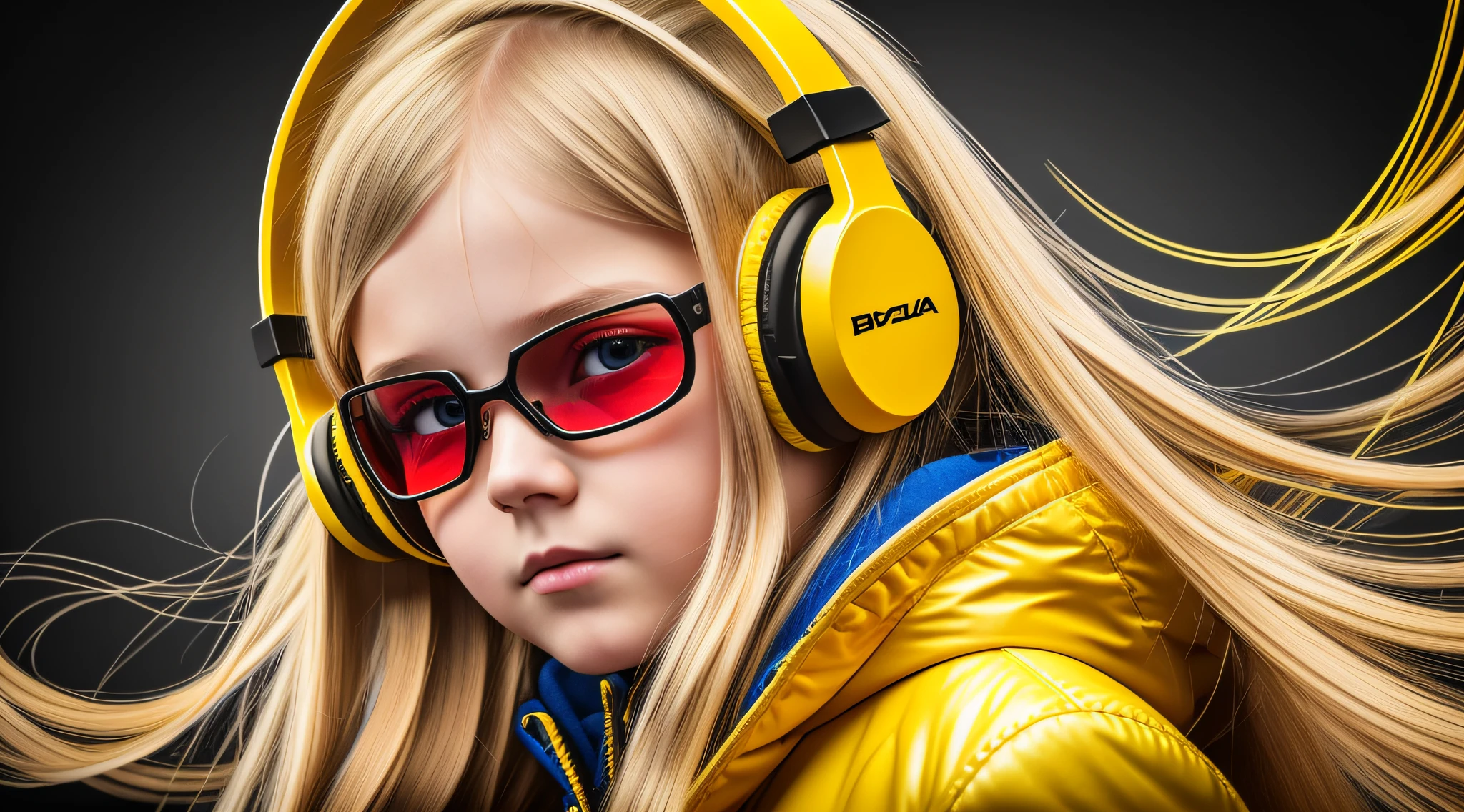 Russian child girl blonde long hair straight, put on headphone jack and change into a cyberpunk yellow coat but do not change the face, yellow background. --auto --s2