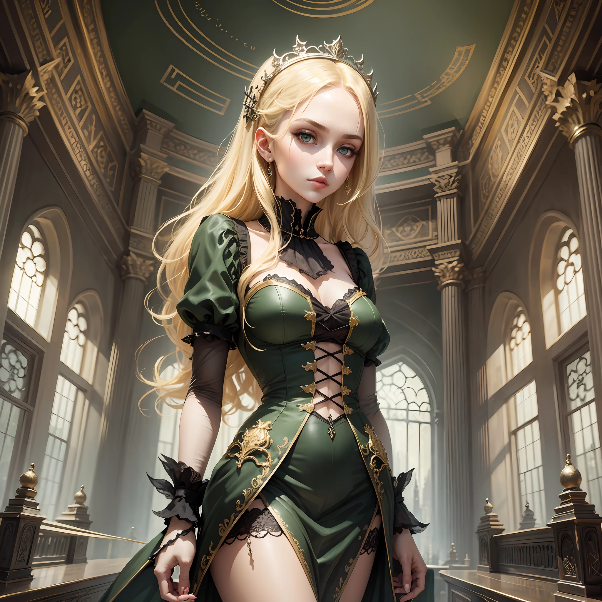 1 girl, young, beautiful, dark green eyes, blond hair, palace, Gothic style of architecture, slim build.