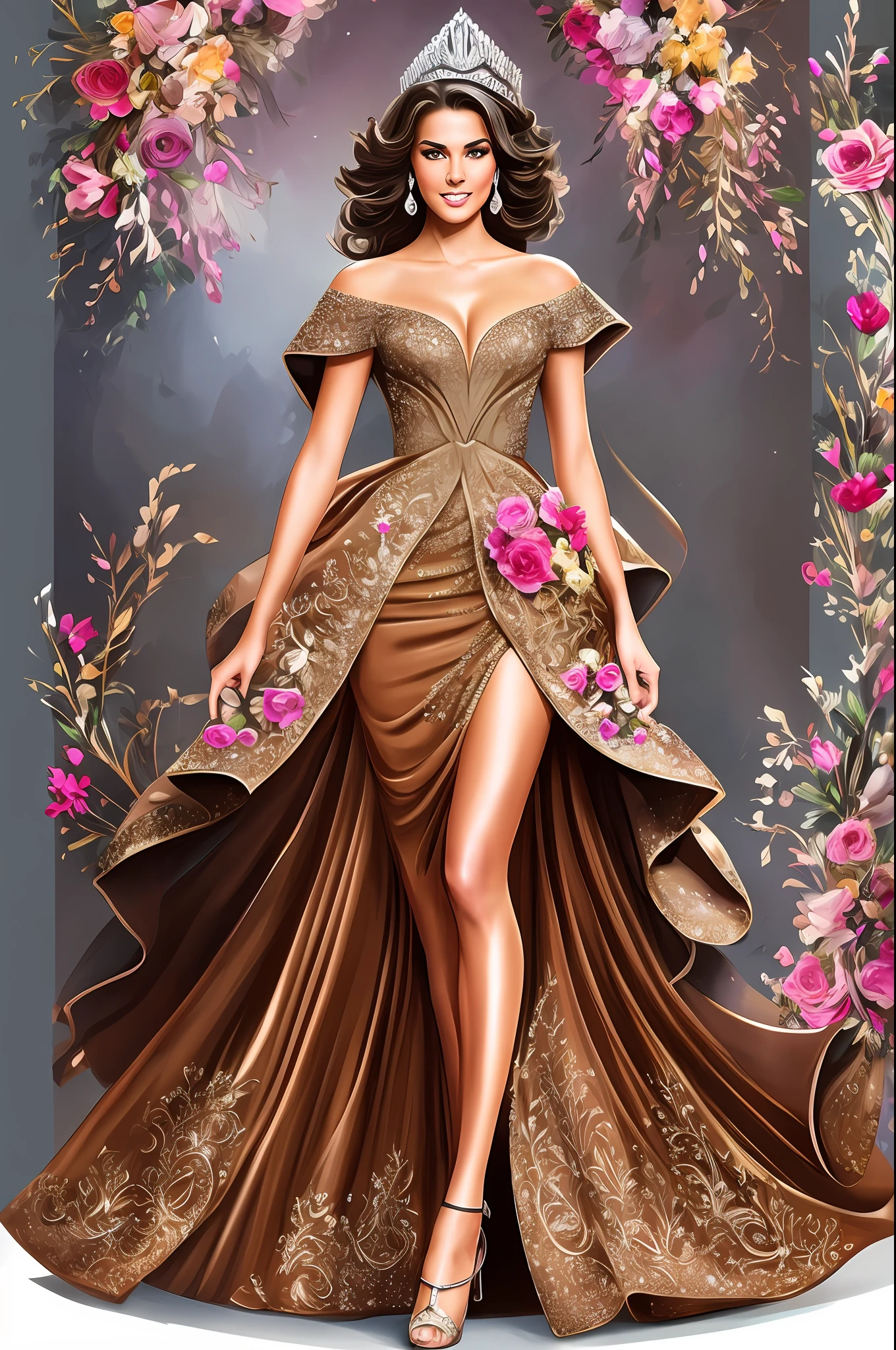 Best quality, 1 young woman, character sheet, concept art, (full body, masterpiece: 1.2), (best quality: 1.3), insanely beautiful Brazilian woman, short windy light brown hair, 1 perfect body stunning woman on his 20s, Miss Universe pageant winner, wearing a fancy designer evening gown, fancy shoes, wearing Miss Universe crowning, with a bouquet of flowers, winner attitude pose, with short windy light brown hair, assorted poses, bold colors, intricate, elegant, highly detailed, digital painting, art station, concept art. --auto --s2