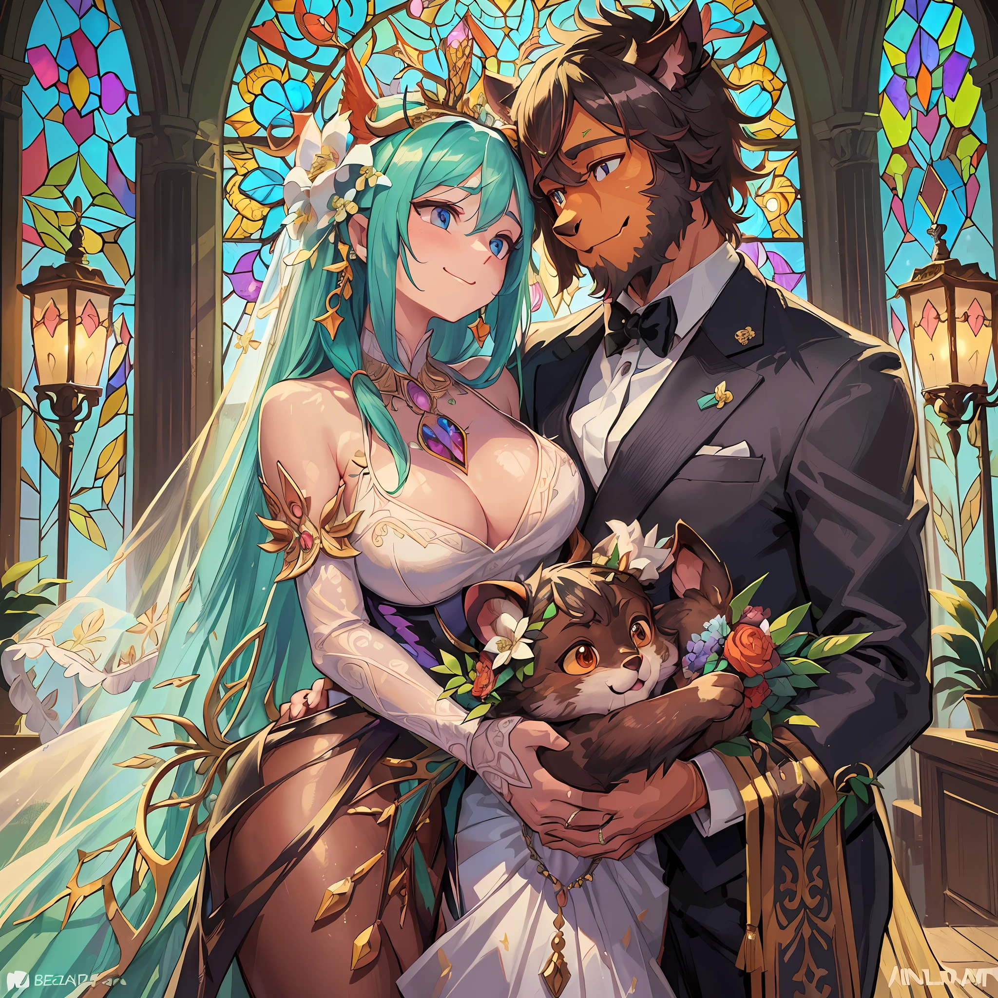 Top quality, ultra-fine illustrations (association, colorful stained glass with shimmering light, wedding isle with jewel-like lamps) (beautiful face and eyes in great detail) Absurd perfect anatomy ((((Beastman)))) (Beastman husband in tuxedo, beastman wife in wedding dress, husband hugging his wife from behind, two people looking at each other with their hands on top of each other, wedding photo, Bouquet of beautiful flowers) (furry antro: 1.7) ((((furry body, animal facial features, animal body features))) (((animal muzzle, very detailed fur)))) full body, smile (dynamic pose),