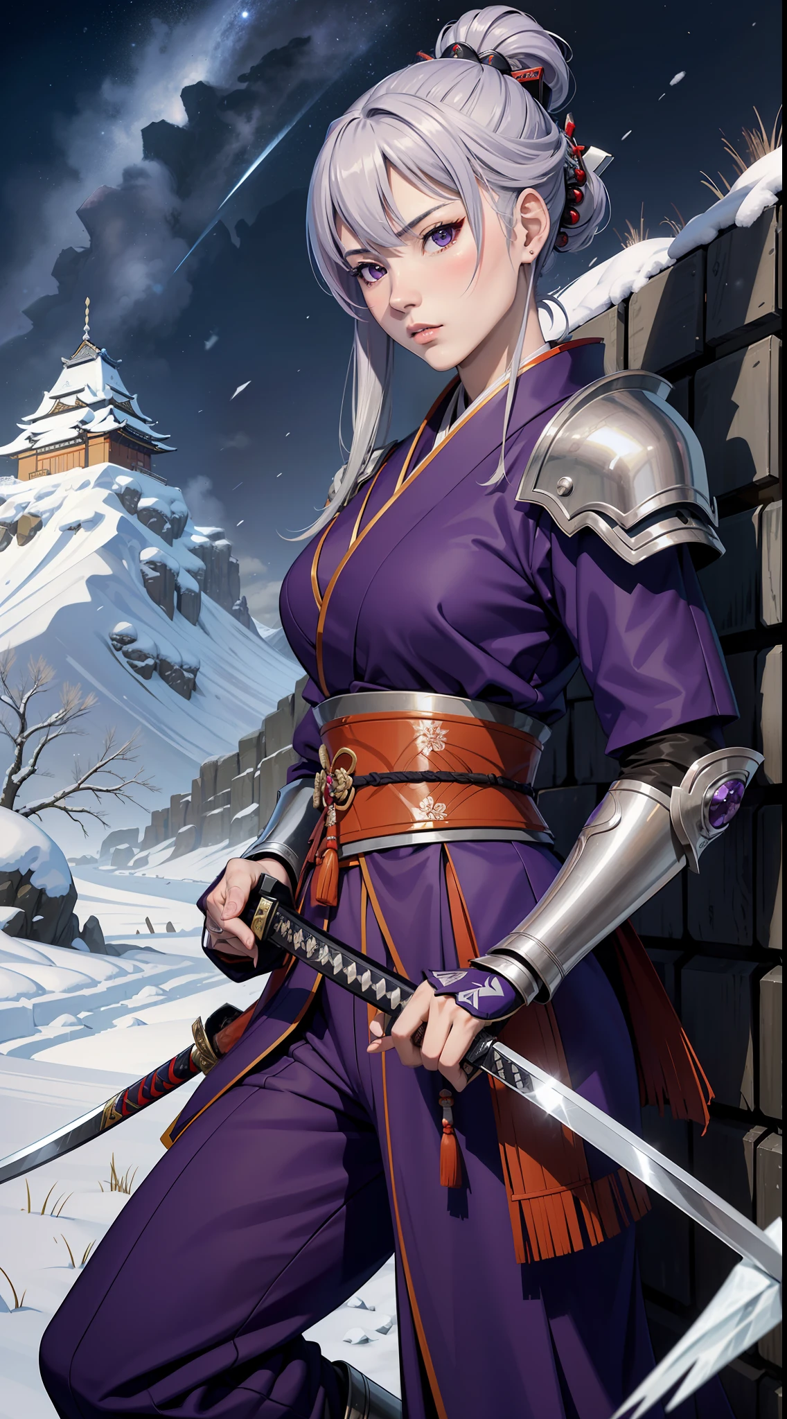 masterpiece, top quality, high resolution, solo, mahokenshi inspired, female samurai , samurai from the house safire, masters of defense, ice mountains, hyper detailed, japanese sexy armor, silver and purple details, katana, defensive style, defensive strike, frozen wall