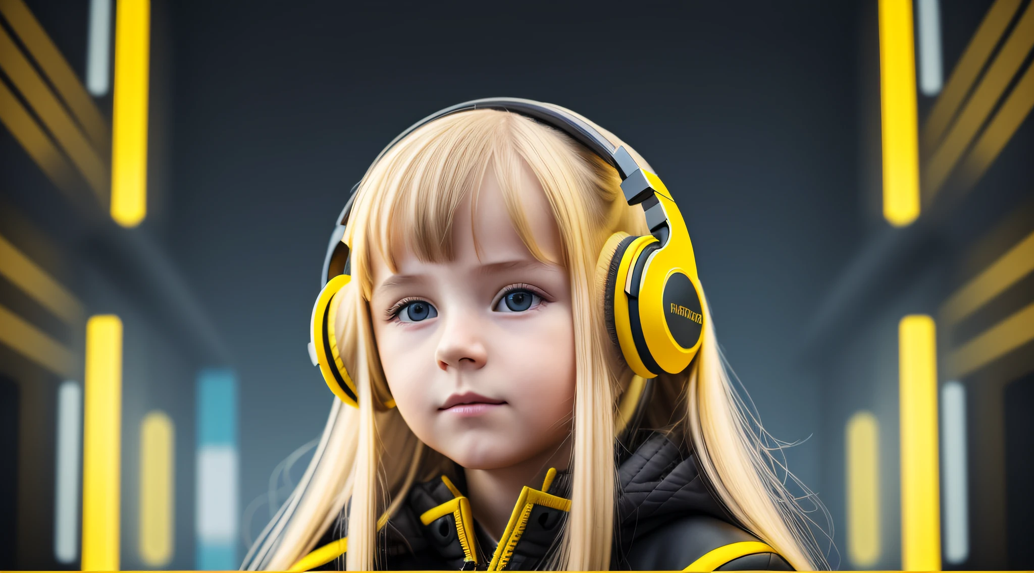 Russian  girl blonde long hair straight, put on headphone jack and change into a cyberpunk yellow coat but do not change the face, yellow background. --auto --s2