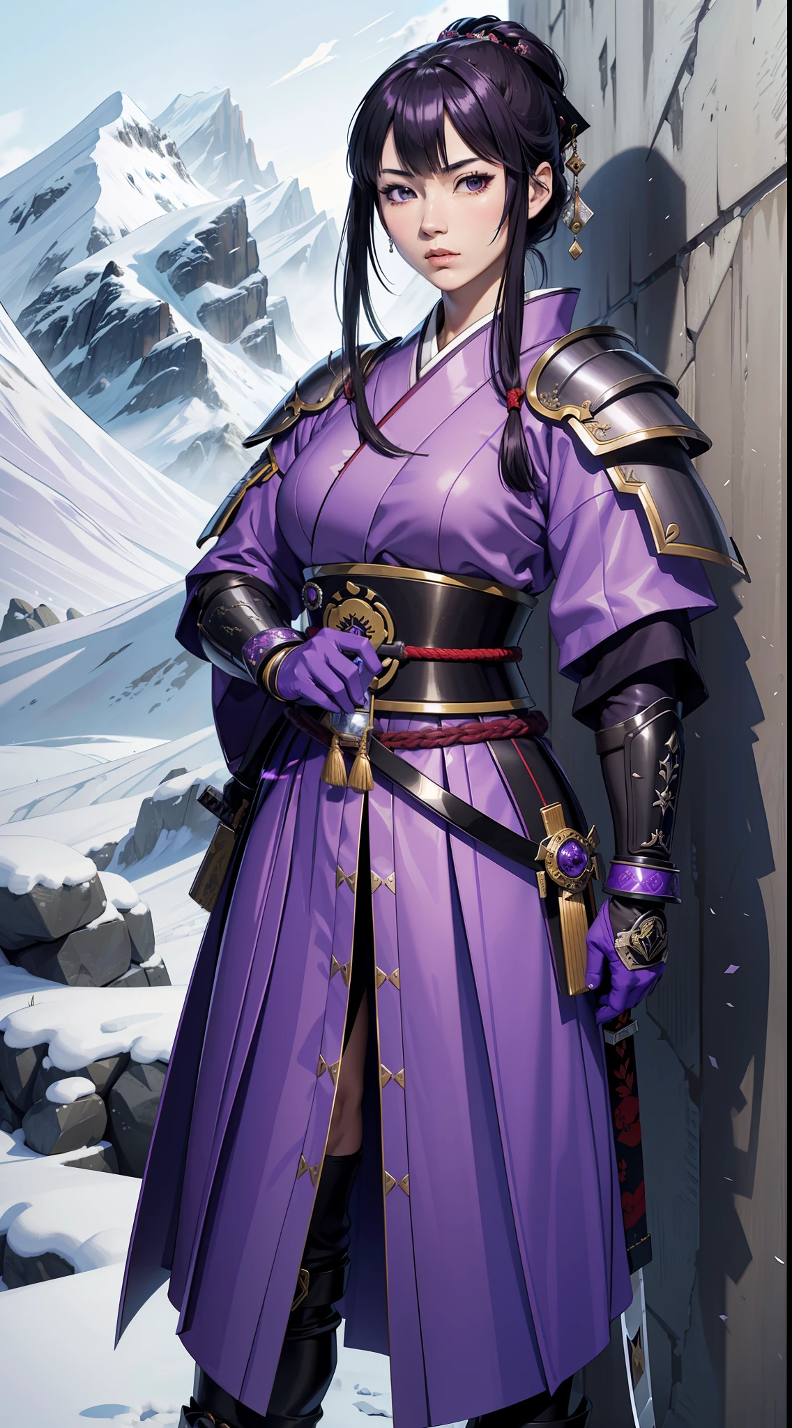 masterpiece, top quality, high resolution, solo, mahokenshi inspired, female samurai , samurai from the house safire, masters of defense, ice mountains, hyper detailed, japanese sexy armor, silver and purple details, katana, defensive style, defensive strike, frozen wall