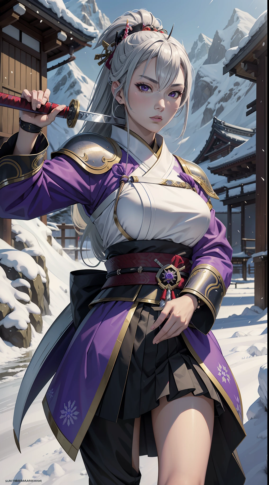 masterpiece, top quality, high resolution, solo, mahokenshi inspired, female samurai , samurai from the house safire, masters of defense, ice mountains, hyper detailed, japanese sexy armor, silver and purple details, katana, defensive style, defensive strike, frozen wall