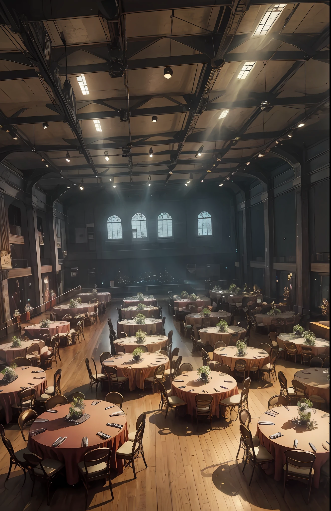 A large auction building filled with tables and decorations for a party, on a stage in the center are paranormal objects to be auctioned