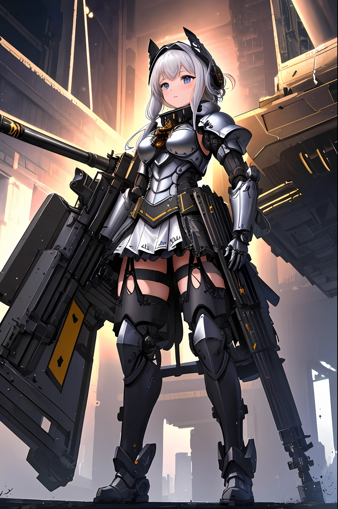 Top quality, masterpieces, masterpieces, highly detailed 8k wallpapers, children, little girls, headgear covered up to the ears, limbs with mechanical joints, whole body covered with heavy mechanical armor, connected cables, tubes connecting the body, long white hair, (((Carrying huge armament more than tall))), miniskirt-type thrusters, open stance, cowboy_shot, devastated urban combat,