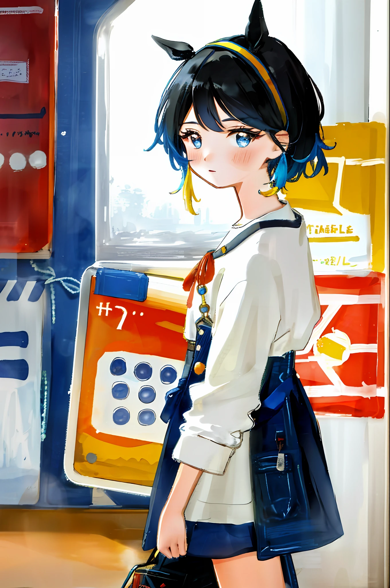 Masterpiece, Best Quality, 8K, (Vibrant colors), Illustration,
(Watercolor), 1 girl, Black hair, short hair, candy, Hair band, Double horsetail, Portrait, (elegant), Beautiful, (big detailed eyes),