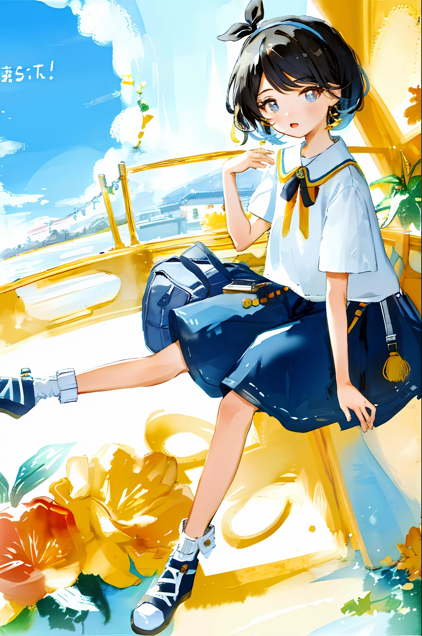 Masterpiece, Best Quality, 8K, (Vibrant colors), Illustration,
(Watercolor), 1 girl, Black hair, short hair, candy, Hair band, Double horsetail, Portrait, (elegant), Beautiful, (big detailed eyes),