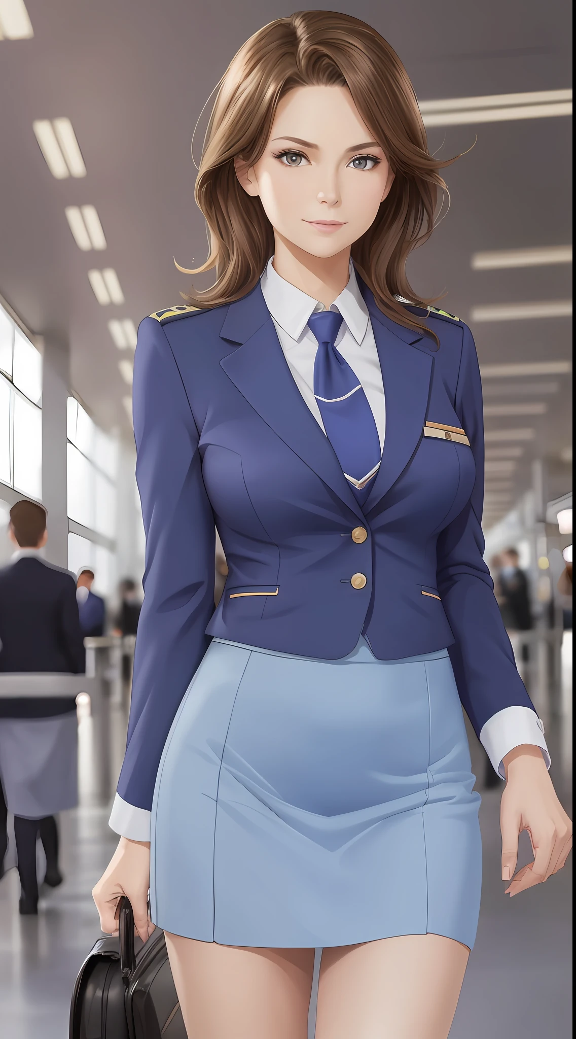 {{Mature female, caucasian}}, looking at viewer, hazel eyes, extremely detailed, medium breasts, brown hair, airport, flight attendant, uniform, blue blazer, necktie, blue skirt, medium skirt, pencil skirt, blue high heels, happy, best quality, high quality, extremely detailed anime screencap, full body, portrait