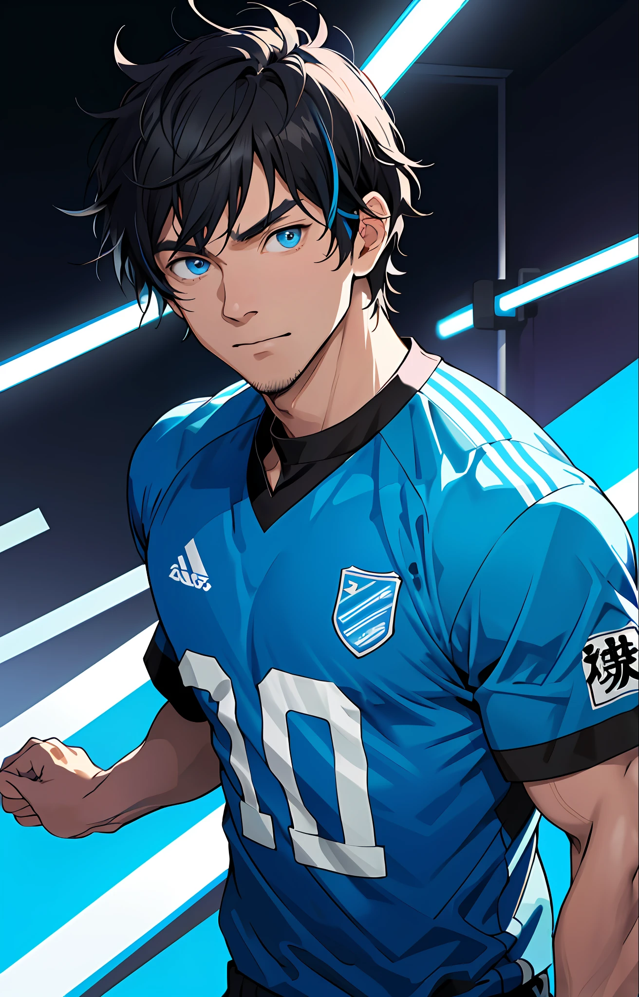 (masterpiece, best quality, absurd), 1man, Isagi Yoshi, blue lock, detailed eyes, blue eyes, black football team shirt with number 11 on the chest, running for the camera, black hair with bangs, upper body, (fluorescent lamp), (colorful), ((abstract background)), illustration, fanart
