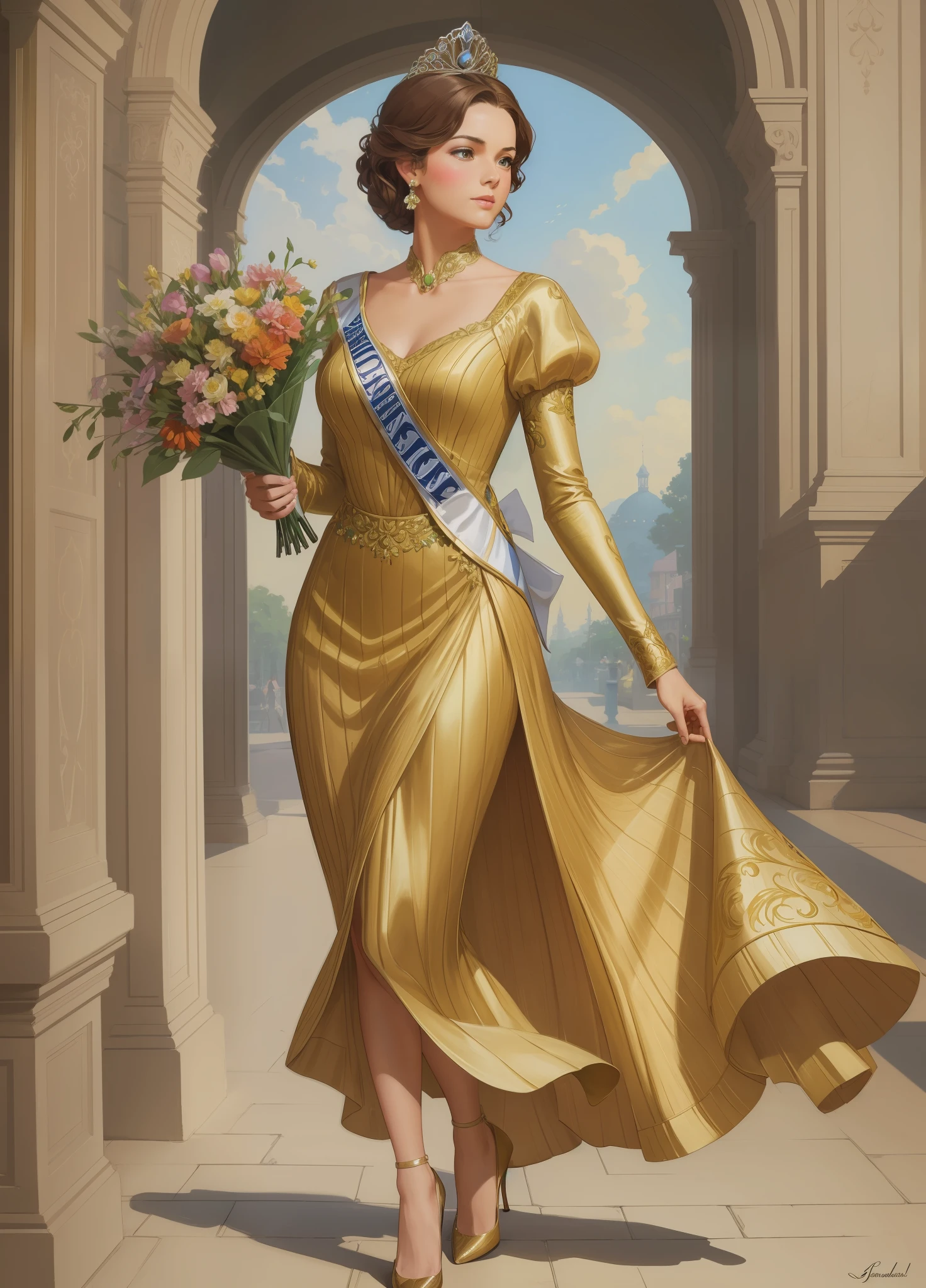 Best quality, 1 young woman, character sheet, concept art, (full body, masterpiece: 1.2), (best quality: 1.3), insanely beautiful Brazilian woman, short windy light brown hair, 1 perfect body stunning woman on his 20s, Miss Universe pageant winner, wearing a fancy designer evening gown, fancy shoes, wearing Miss Universe crowning, with a bouquet of flowers, winner attitude pose, with short windy light brown hair, assorted poses, bold colors, intricate, elegant, highly detailed, digital painting, art station, concept art, in the style of Norman Rockwell, JC Leyendecker, Jordan Grimmer. --auto --s2