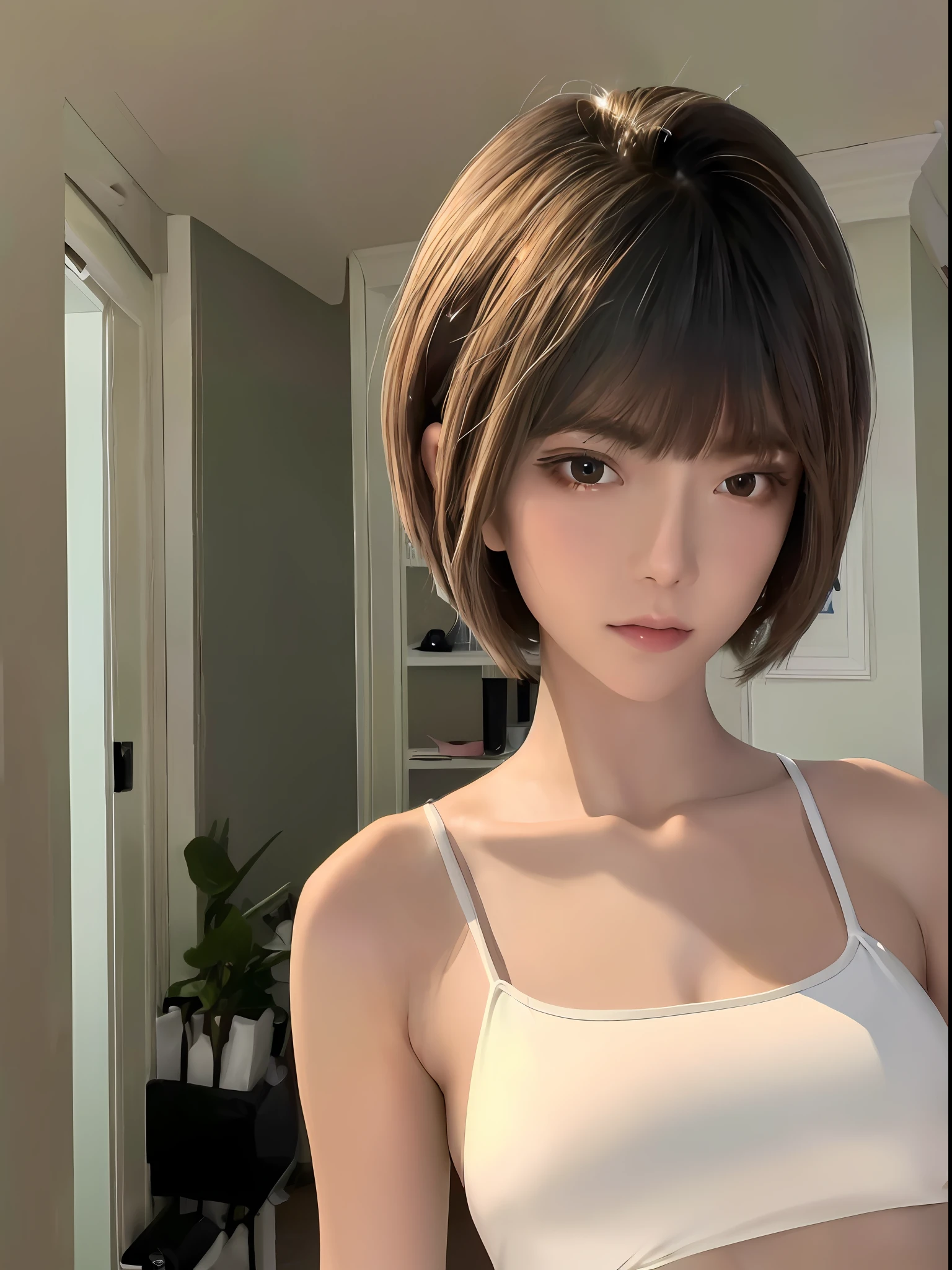 ((top quality, 8k, masterpiece: 1.3)), 1 woman, slim swimsuit highlighted beautiful girl: 1.3, (short hairstyle, large: 1.2), plain clothes: 1.2, interior, ultra detailed face, detailed eyes, double eyelids, selfie,