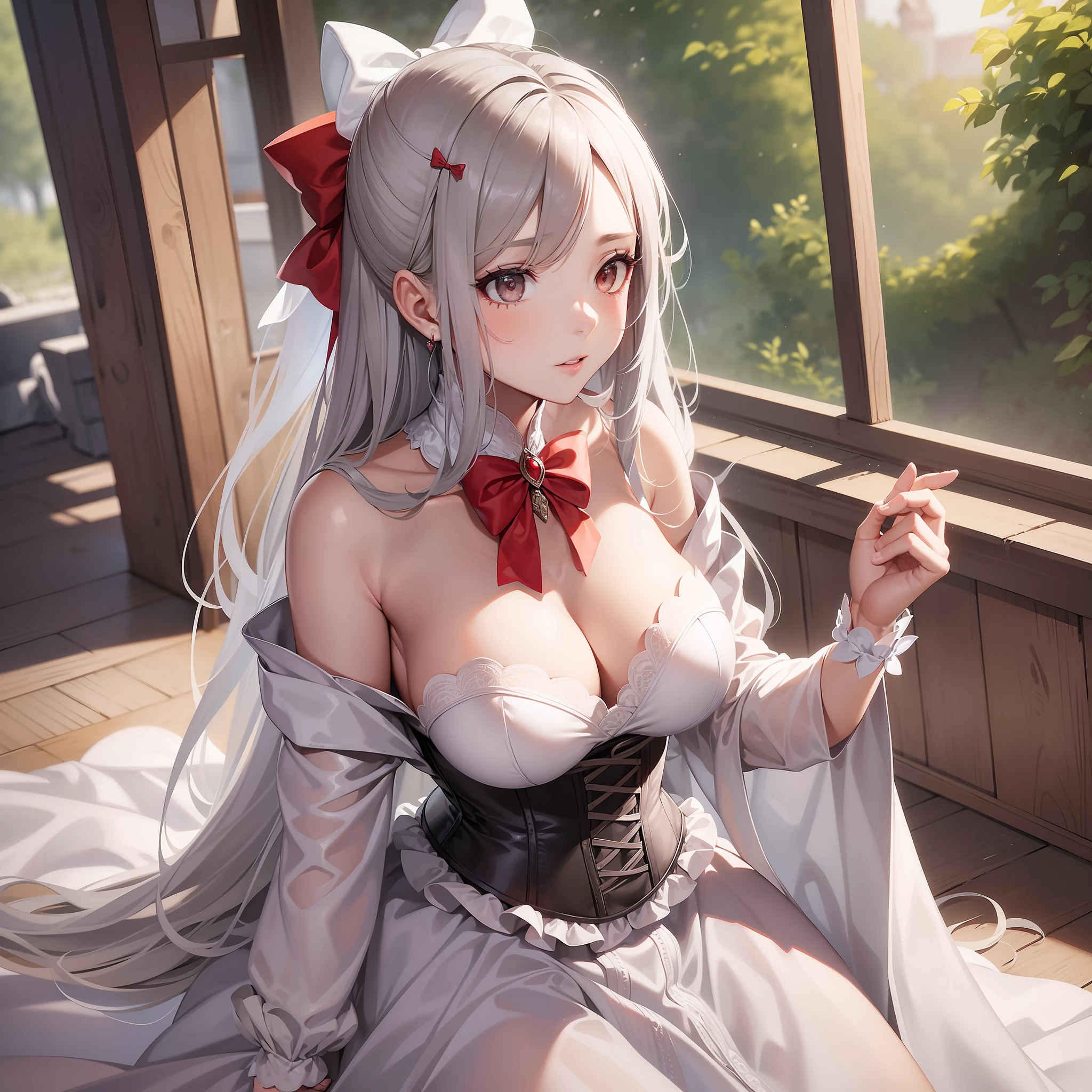((masterpiece, best quality)),(1girl), ((mature female)), long gray hair, dressing a white peasant style party dress with details in coral color and a bow ,corset,middle breast,(busty)