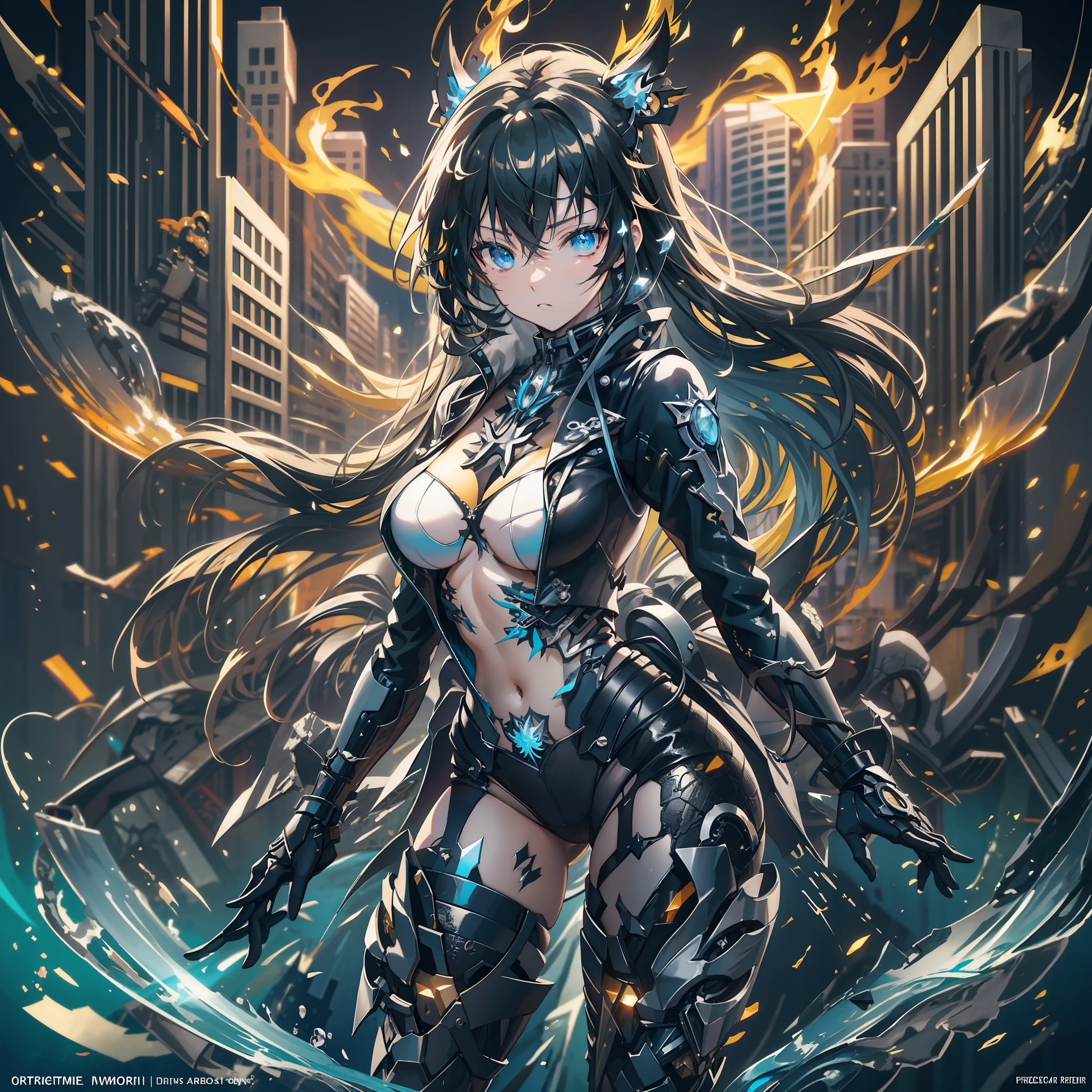 anime style, natural pose, freedom, digital illustration, (anime style), perfect anatomy, black rock shooter, highly detailed, art station, concept art, soft and sharp focus, well-formed eyes, beautiful face, well-defined hips, shy and seductive, left eye with blue flame, chaotic scenery, buildings in the background destroyed, black leather jacket, swords on the ground, beautiful scenery,  hyper detailed