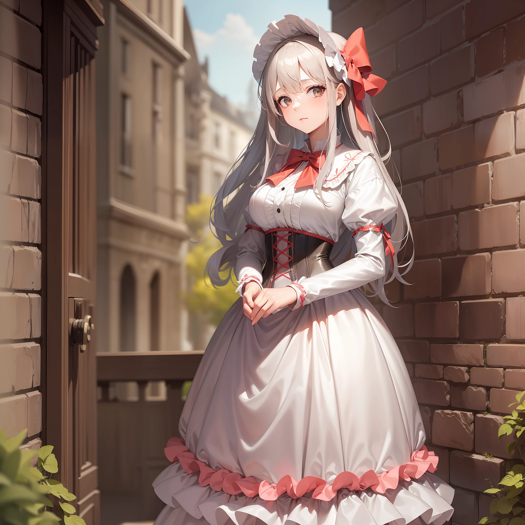 ((masterpiece, best quality)),(1girl), ((mature female))long gray hair, dressing a white peasant style party dress with details in coral color and a bow ,corset