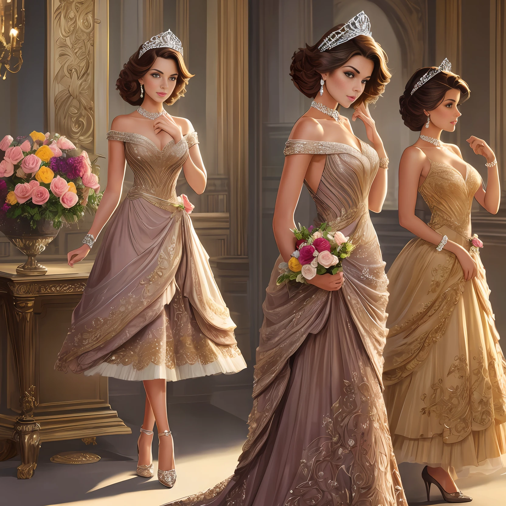 Best quality, ung woman, character sheet, concept art, (full body, masterpiece: 1.2), (best quality: 1.3), insanely beautiful Brazilian woman, short windy light brown hair, 1 perfect body stunning woman on his 20s, Miss Universe pageant winner, wearing a fancy designer evening gown, fancy shoes, wearing Miss Universe crowning, with a bouquet of flowers, winner attitude pose, with short windy light brown hair, assorted poses, bold colors, intricate, elegant, highly detailed, digital painting, art station, concept art, in the style of Norman Rockwell, JC Leyendecker, Jordan Grimmer. --auto --s2