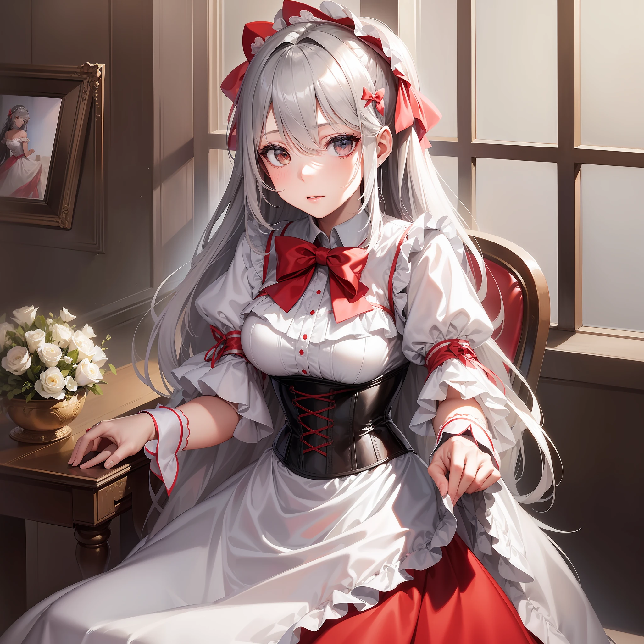 ((masterpiece, best quality)),(1girl), ((mature female))long gray hair, dressing a white peasant style party dress with details in coral color and a bow ,corset
