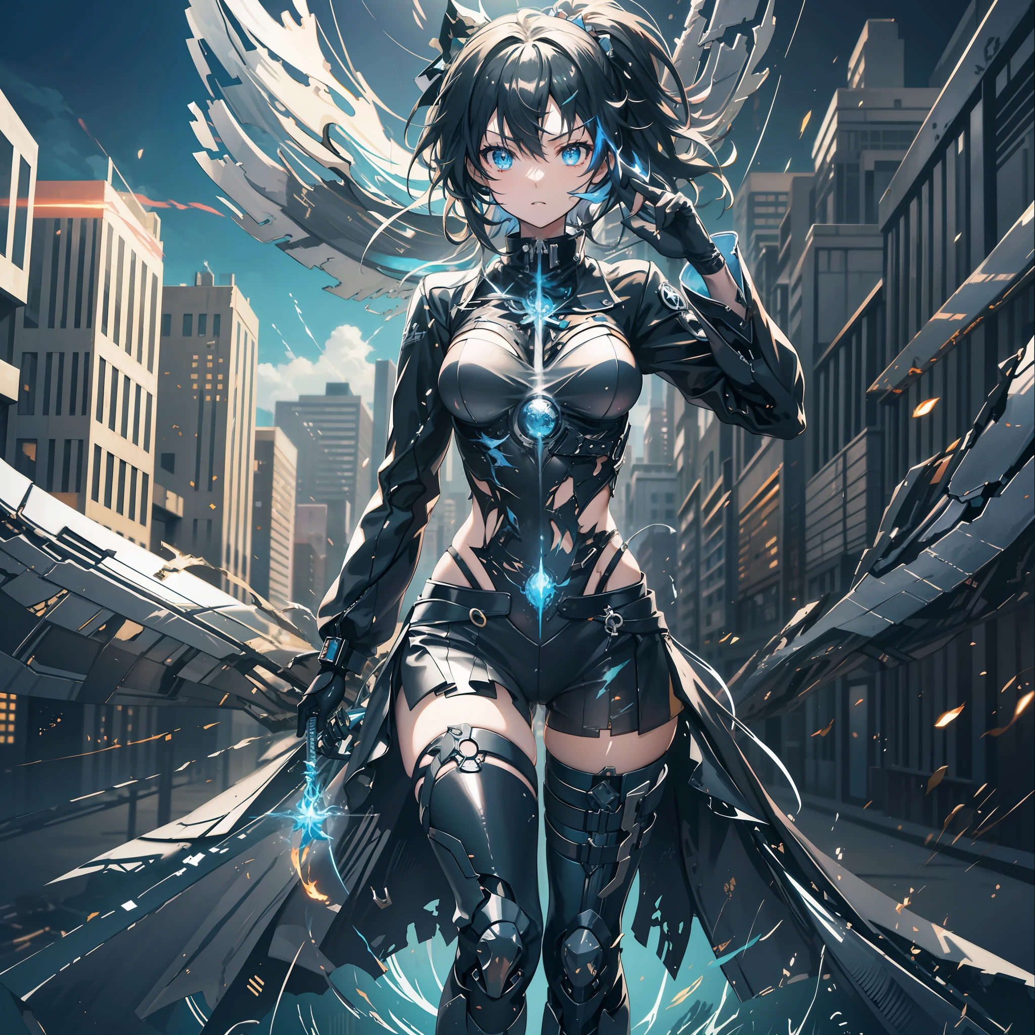 anime style, natural pose, freedom, digital illustration, (anime style), perfect anatomy, black rock shooter, highly detailed, art station, concept art, soft and sharp focus, well-formed eyes, beautiful face, well-defined hips, shy and seductive, left eye with blue flame, chaotic scenery, buildings in the background destroyed, black leather jacket, swords on the ground, beautiful scenery,  hyper detailed