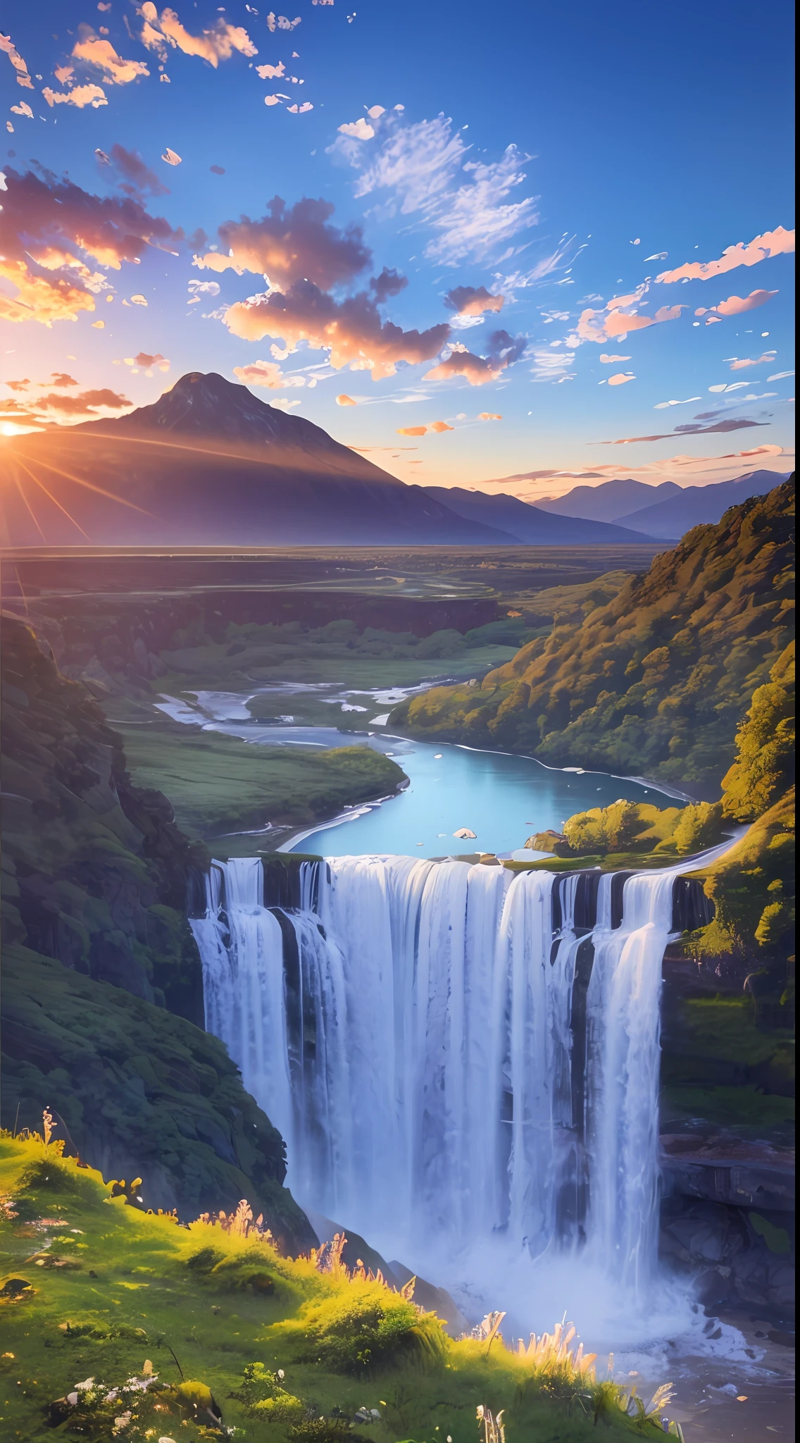 Landscape waterfall in mountains sunset image best quality, high quality, beautiful wallpaper deserted beach 8k extremely detailed, photography --auto --s2