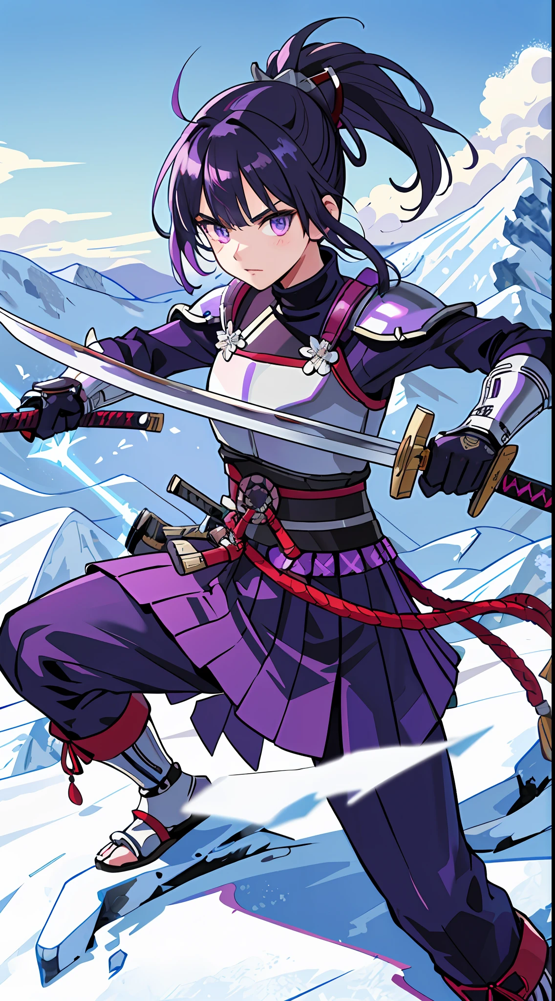 masterpiece, top quality, high resolution, solo, mahokenshi inspired, female samurai , samurai from the house safire, masters of defense, ice mountains, hyper detailed, japanese sexy armor, silver and purple details, katana, defensive style, defensive strike, frozen wall
