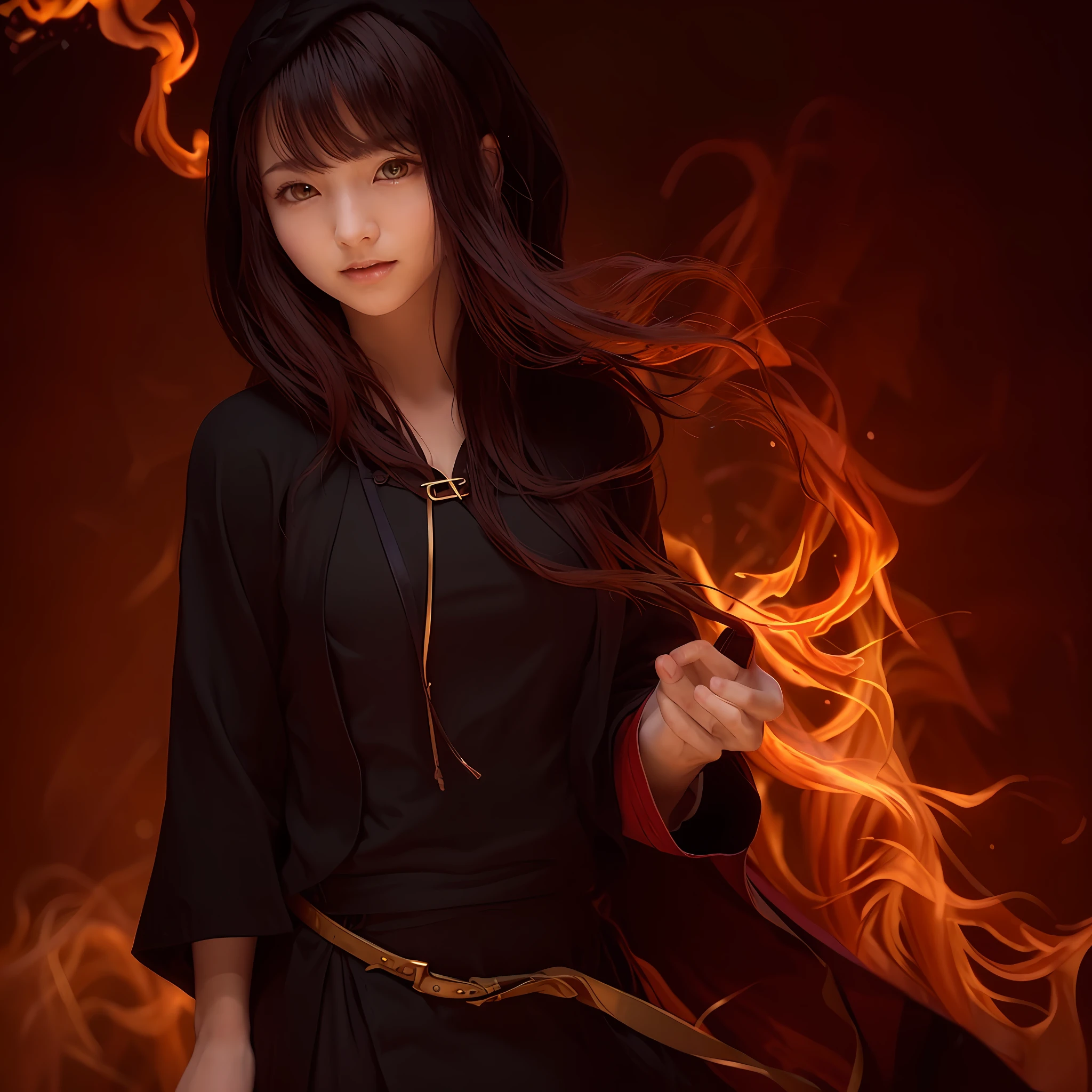 8K, Best Quality, 1girl, (skindentation), Morning, (bright), Blurred background, (Black robes), (Body is burning with fire: 1.7), (Hair is burning with fire: 1.7), Wearing fire, Beautiful face, Japan person, Long hair, (Golden hair: 1.5), (More bangs: 1.5), Simple background, Glossy skin, (Facing Front: 1.6), standing, Fire, fire and smoke background, (closed mouth:1.2, beautiful eyes, detailed eyes, detailed iris, beautiful lips, beautiful nose, beautiful face),