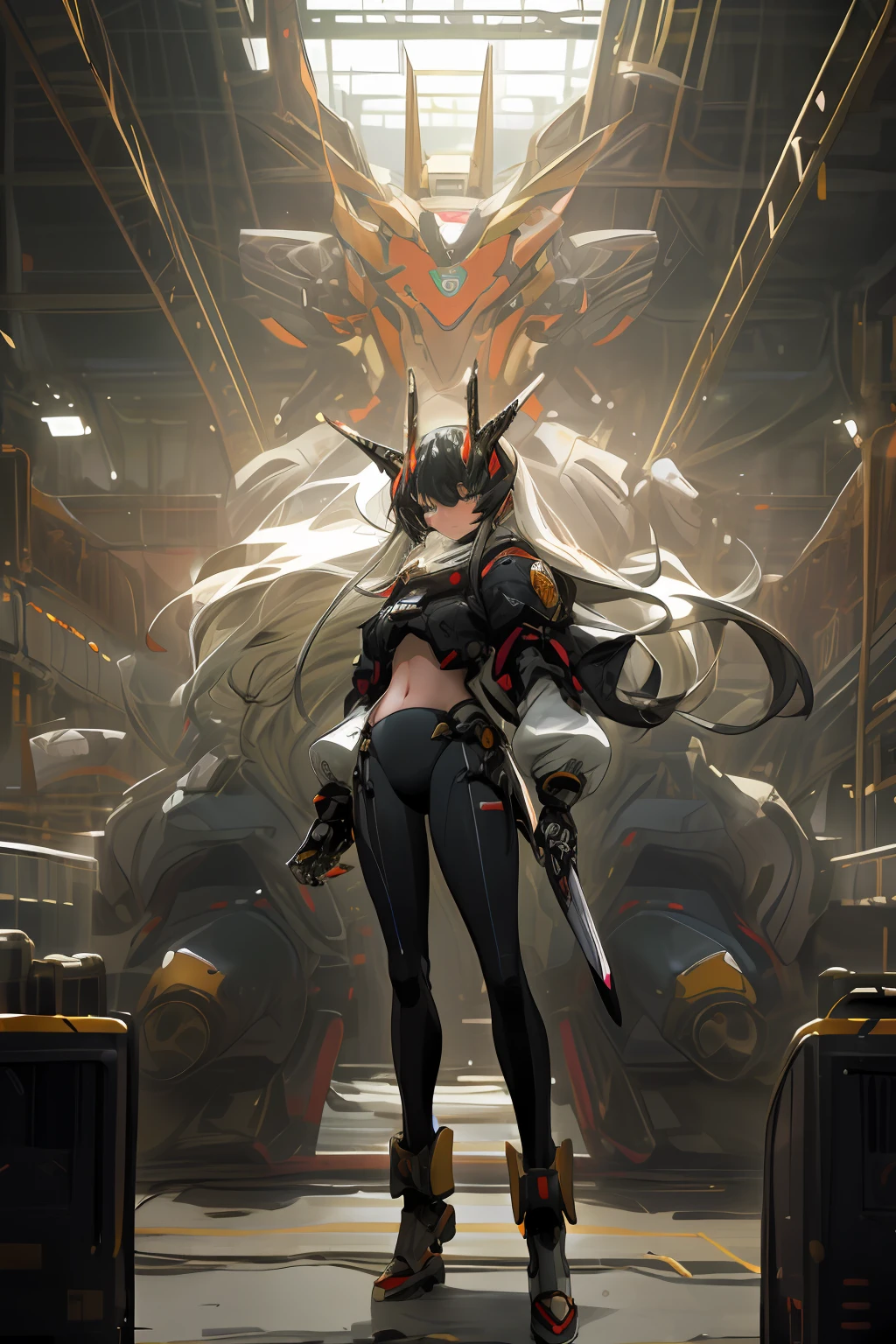 big robots in the real world, big robots like those in anime with versions in the real world, takemikasuzhi war robots that are like warrior swords have long swords in anime, golden robots who are dashing and mighty, ((masterpiece, best quality) ), illustration, ultra detailed 8k, photorealistic, sharp focus, incredibly detailed, professional lighting, colorful detail, colorful BREAK ultra-long factory image, huge mechanical robot construction, microchip, computer, shine, intricate detail,, 1 girl standing in front of the audience, Navel, full body