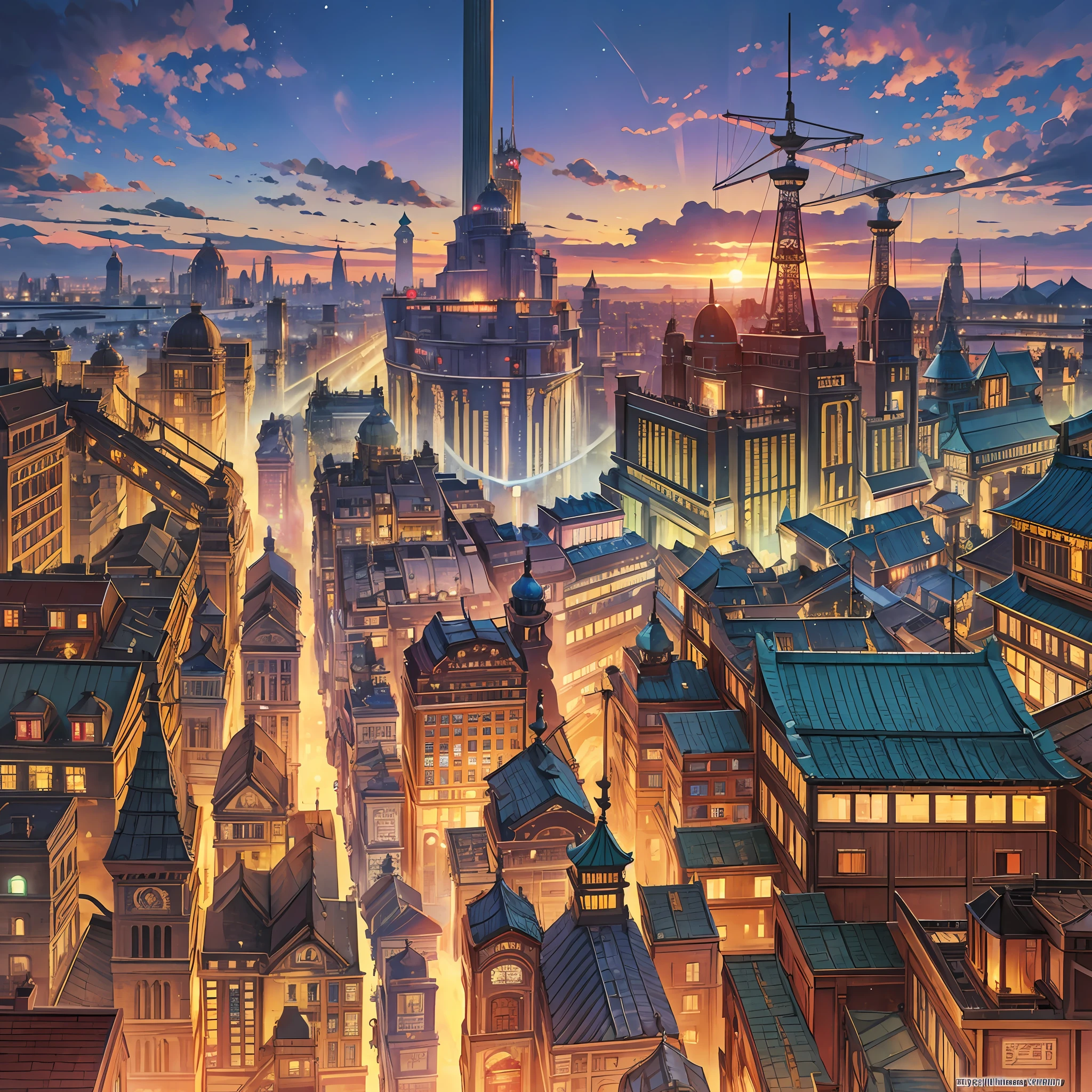 A high-quality masterpiece with a detailed aerial view, the fantasy steampunk Chinese feudal city presents a dynamic landscape in a nocturnal environment with a sky illuminated by moonlight, neon lights and gas lamps. The buildings are tall, with detailed details and ornamentations at every corner. The city seems lively and lively with crowds of people, merchants and vendors on the move. Steam carriages and zeppelins fill the sky. The show is impressive and amazing! --auto --s2