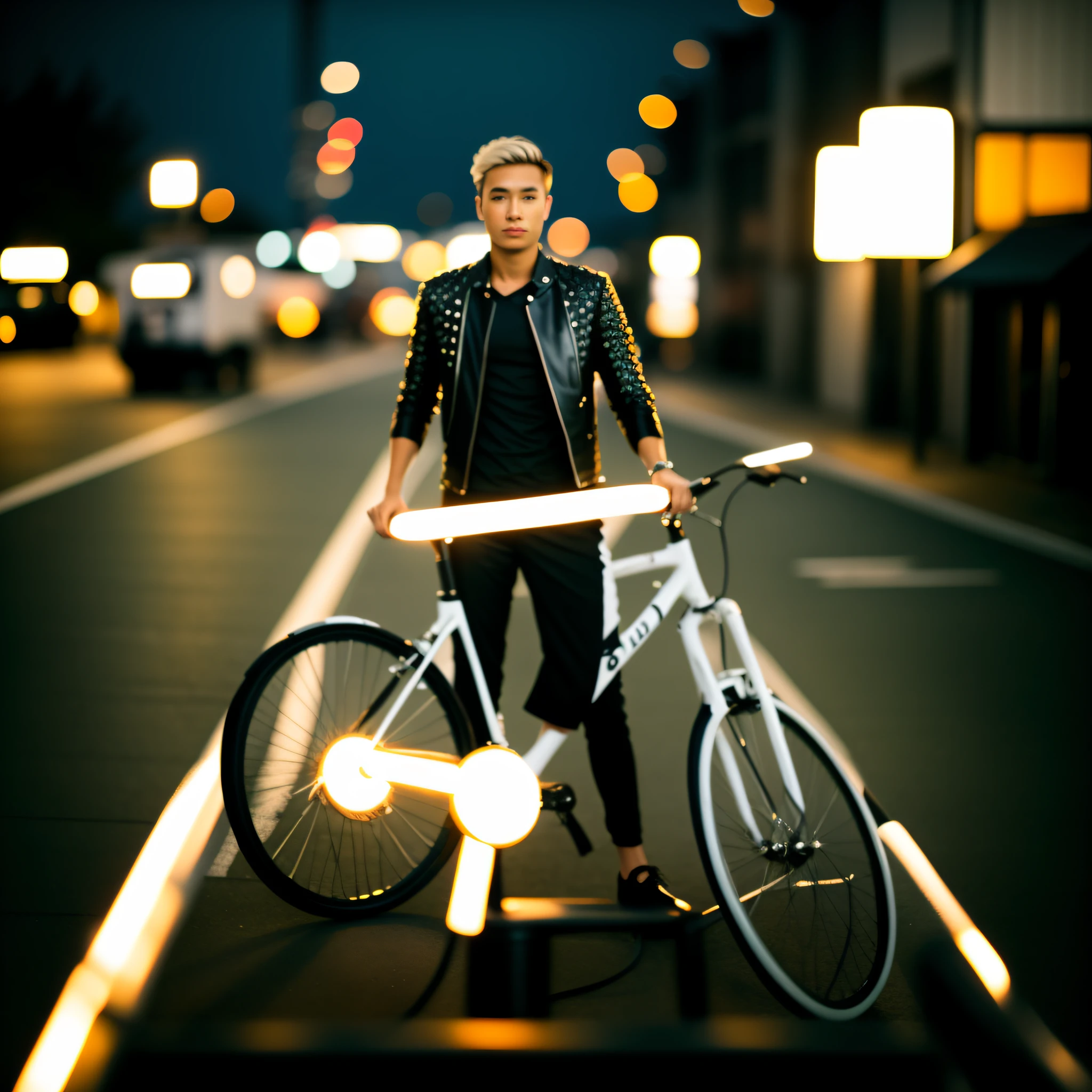, lampposts, end of day, detailed street, wearing futuristic leather jacket mixed with white, Tokyo night, (highly detailed skin: 1.2), 8k uhd, dslr, soft lighting, high quality, film grain, Fujifilm XT3