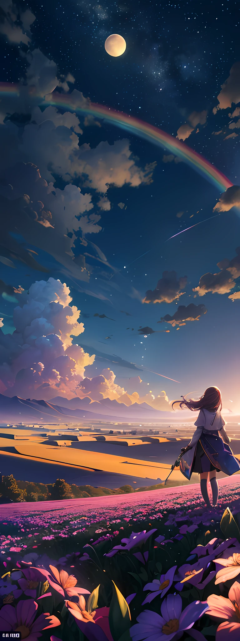 Anime girl walking on a field of flowers under a rainbow - SeaArt AI