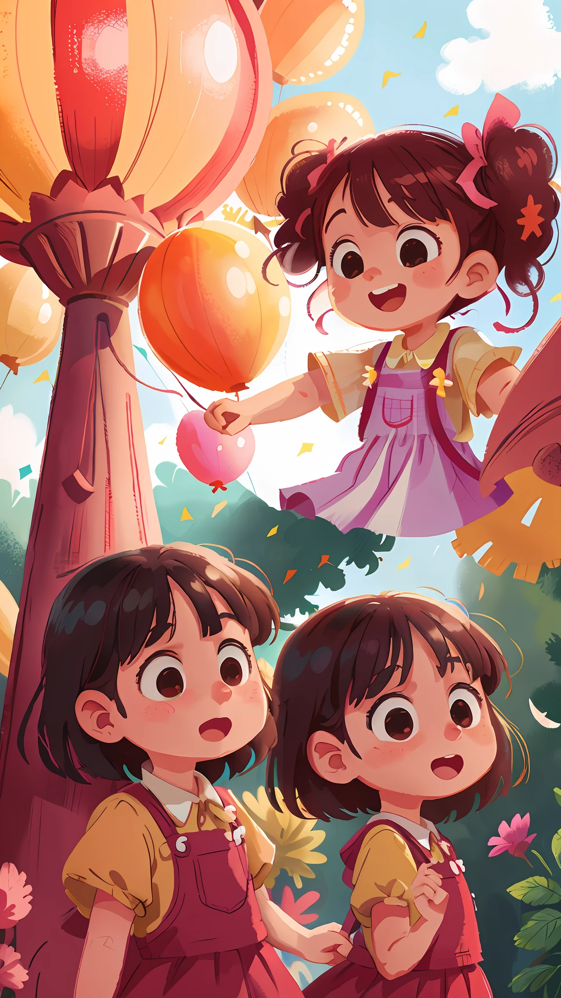 Two girls, amusement park, holding balloons, happy, happy, perfect quality, clear focus (clutter - home: 0.8), (masterpiece: 1.2) (Realistic: 1.2) (Bokeh) (Best quality) (Detailed skin: 1.3) (Intricate details) (8K) (Detail eyes) (Sharp focus), (Happy)