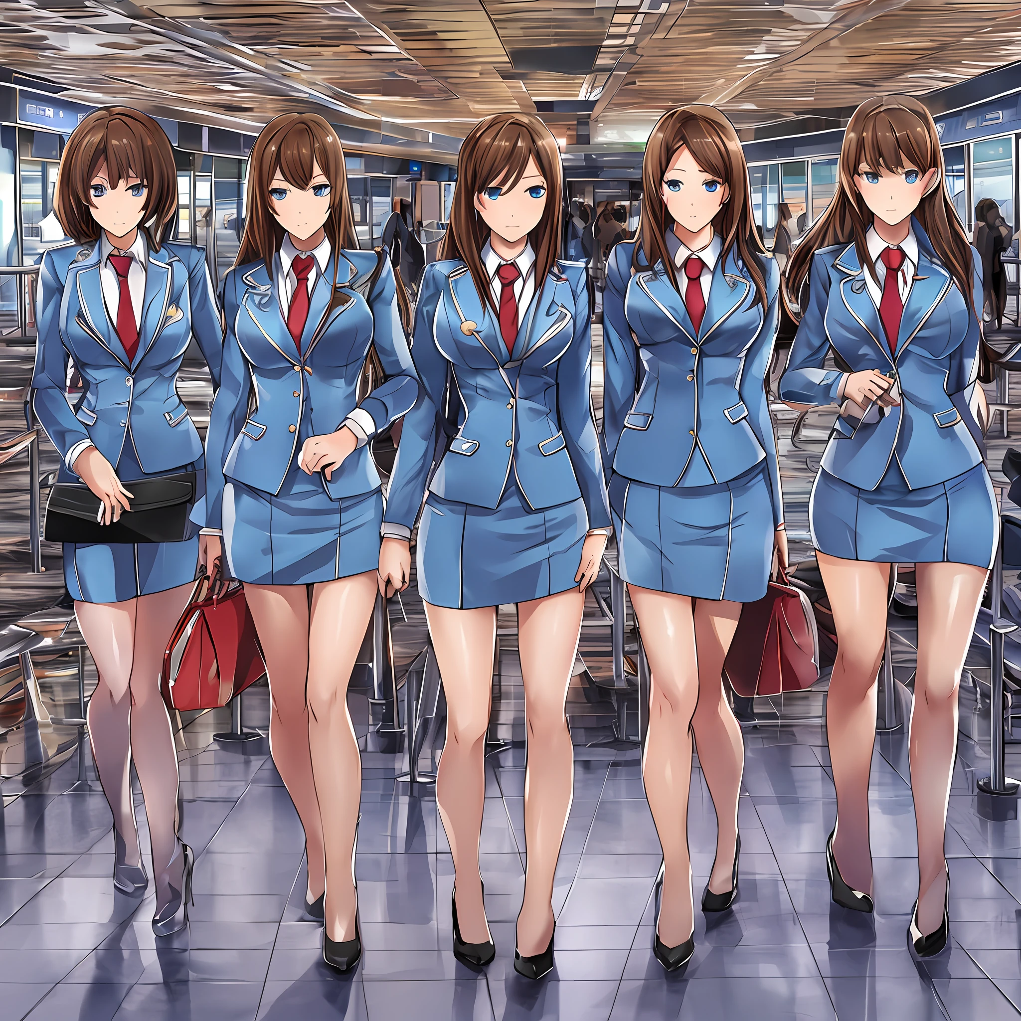 {{Mature female, caucasian}}, looking at viewer, hazel eyes, extremely detailed, medium breasts, brown hair, airport, flight attendant, uniform, blue blazer, necktie, blue skirt, medium skirt, pencil skirt, blue high heels, happy, best quality, high quality, extremely detailed anime screencap, {{{{crowded, multiple girls, thousands of sisters, millions of sisters,billions of sisters, clone, doppelganger, matching outfit, matching hairstyle}}}}, full body