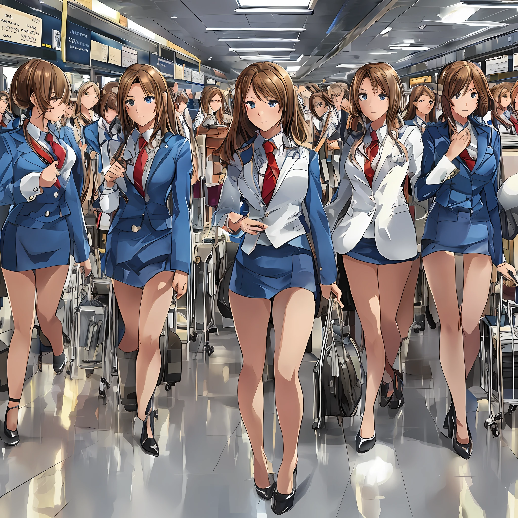 {{Mature female, caucasian}}, looking at viewer, hazel eyes, extremely detailed, medium breasts, brown hair, airport, flight attendant, uniform, blue blazer, necktie, blue skirt, medium skirt, pencil skirt, blue high heels, happy, best quality, high quality, extremely detailed anime screencap, {{{{crowded, multiple girls, thousands of sisters, millions of sisters,billions of sisters, clone, doppelganger, matching outfit, matching hairstyle}}}}, full body