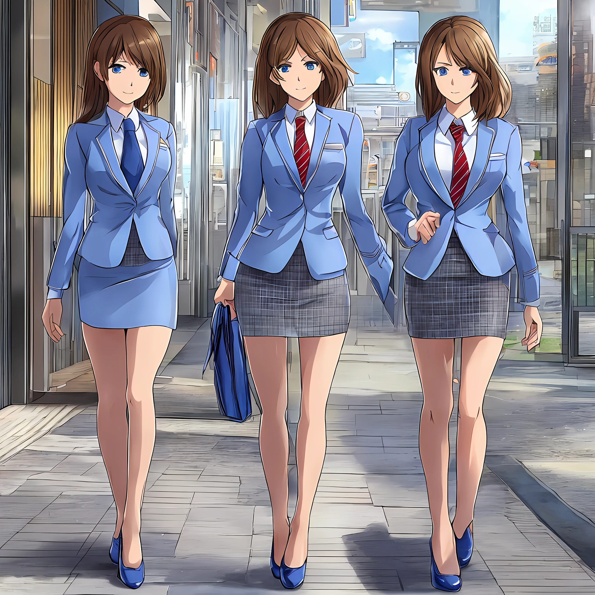 {{Mature female, caucasian}}, looking at viewer, hazel eyes, extremely detailed, medium breasts, brown hair, airport, flight attendant, uniform, blue blazer, necktie, blue skirt, medium skirt, pencil skirt, blue high heels, happy, best quality, high quality, extremely detailed anime screencap, {{{{crowded, multiple girls, thousands of sisters, millions of sisters,billions of sisters, clone, doppelganger, matching outfit, matching hairstyle}}}}, full body