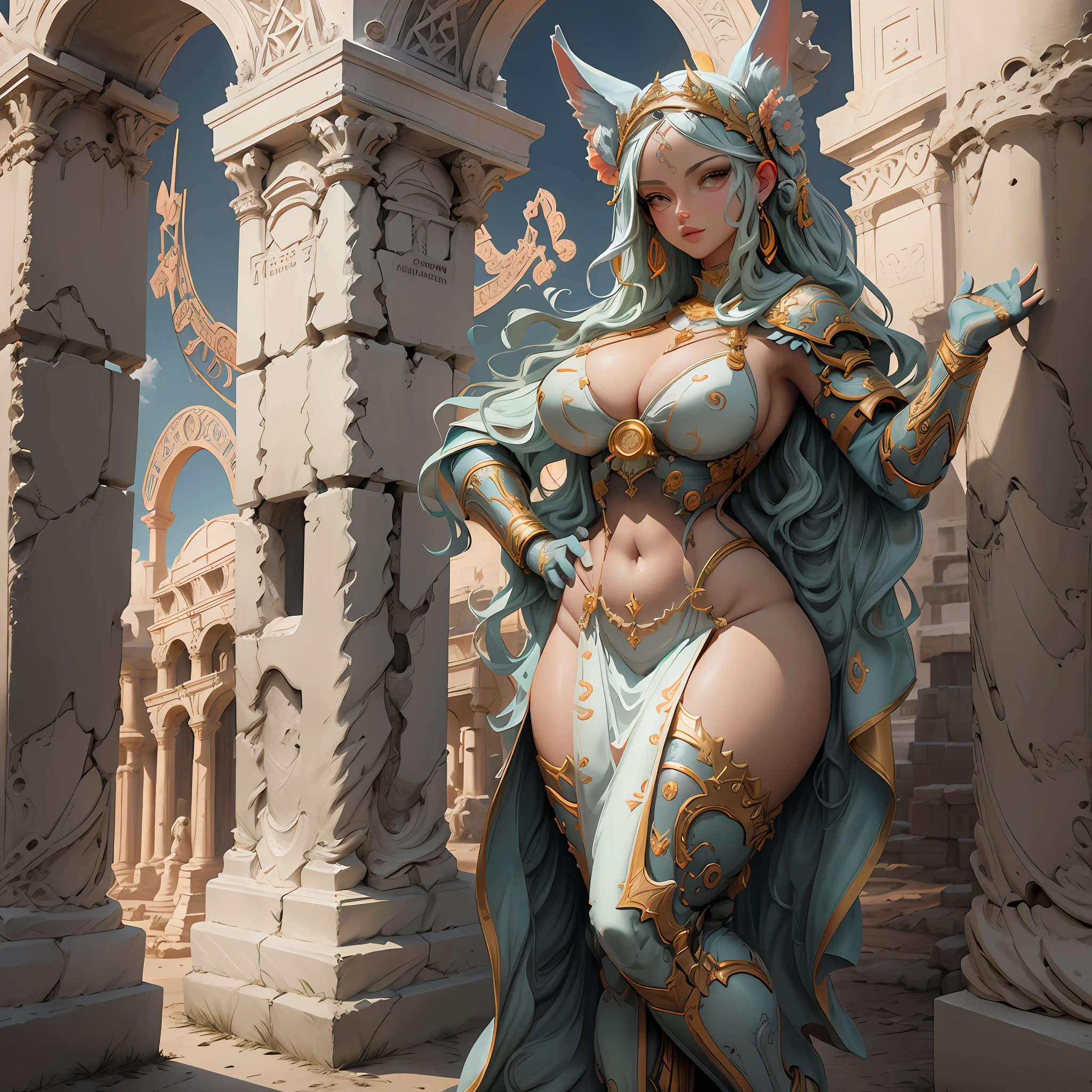 Aphrodite goddess with big breasts and big butt, wearing divine armor, showing breasts and, with Greek ruins background, full body, sexy pose, 8k resolution, 4k, very realistic.