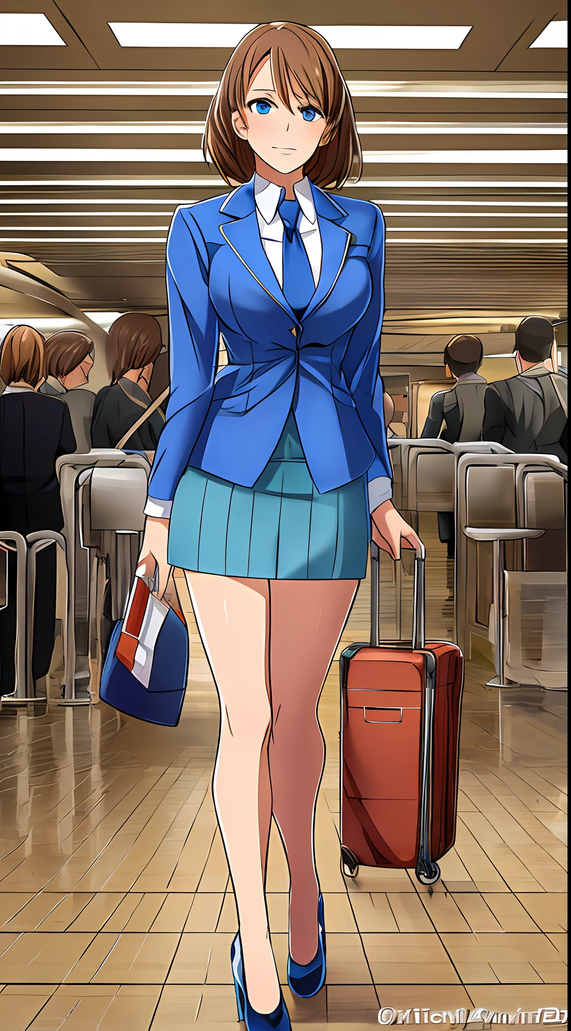 {{Mature female, caucasian}}, looking at viewer, hazel eyes, extremely detailed, medium breasts, brown hair, airport, flight attendant, uniform, blue blazer, necktie, blue skirt, medium skirt, pencil skirt, blue high heels, happy, best quality, high quality, extremely detailed anime screencap, full body, portrait