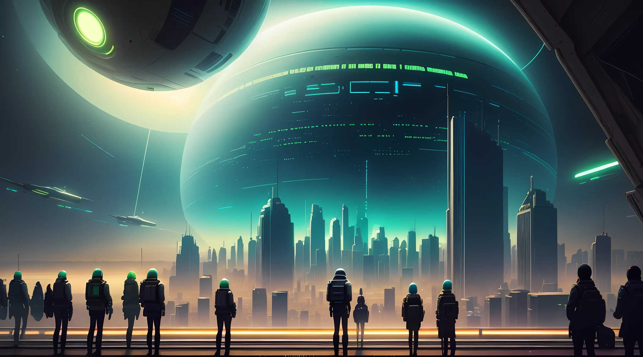 people standing in a line looking at a large city with a green sky, populated with aliens and people, beeple masterpiece, artgem and beeple masterpiece, depicted as a scifi scene, space opera and dystopian style, beeple artwork, retro sci - fi picture, beeple and mike winkelmann, beeple and tim hildebrandt