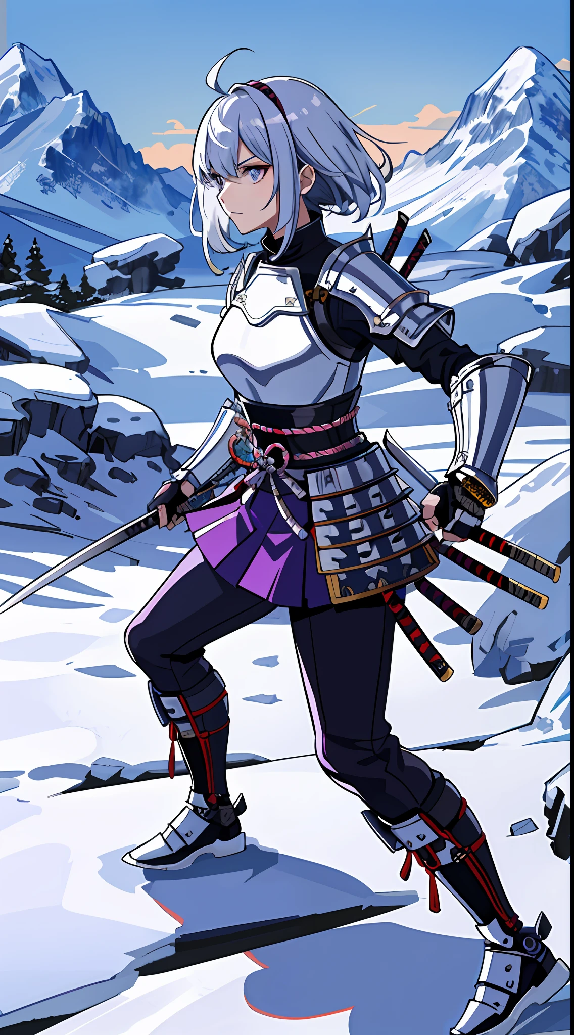 Masterpiece, top quality, high resolution, solo, mahokenshi inspired, female samurai, safire house samurai, defense masters, ice mountains, hyper detailed, sexy Japanese armor, silver and purple details, katana, defensive style, defensive attack, icy spiky armor, perfect hands, strong grip