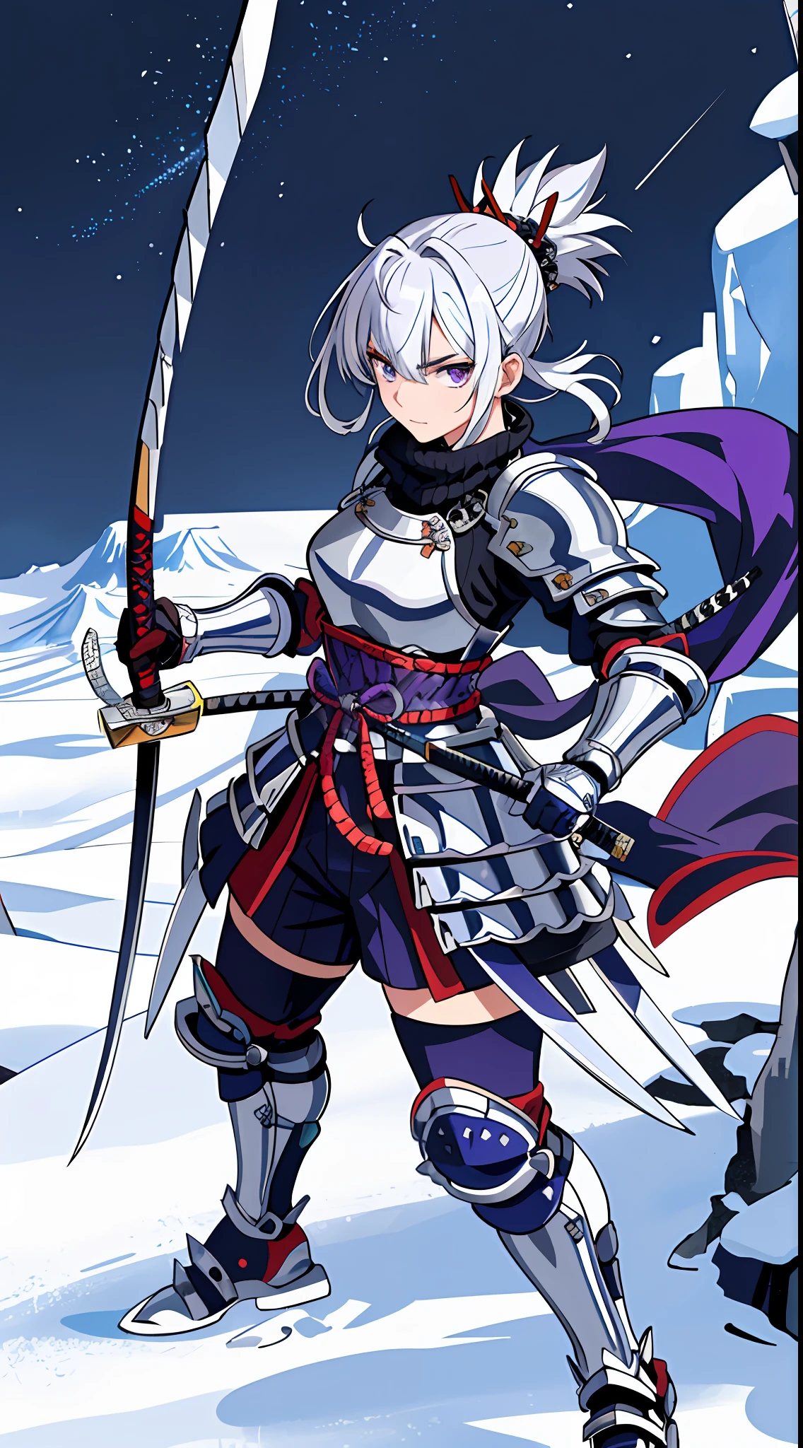 Masterpiece, top quality, high resolution, solo, mahokenshi inspired, female samurai, safire house samurai, defense masters, ice mountains, hyper detailed, sexy Japanese armor, silver and purple details, katana, defensive style, defensive attack, icy spiky armor, perfect hands, strong grip