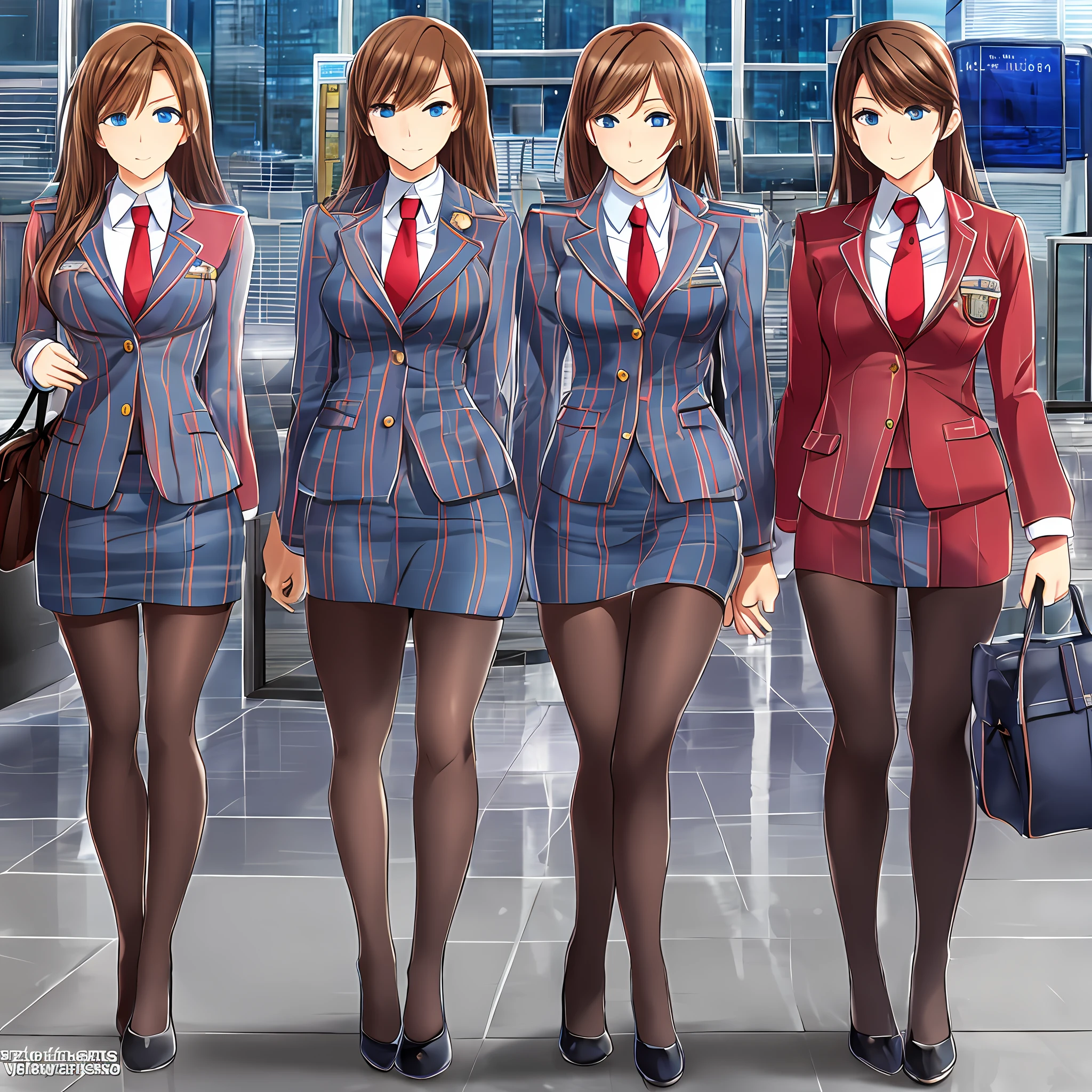 {{Mature female, caucasian}}, looking at viewer, hazel eyes, extremely detailed, medium breasts, brown hair, airport, flight attendant, uniform, blue blazer, red necktie, blue skirt, medium skirt, pencil skirt, blue high heels, happy, best quality, high quality, extremely detailed anime screencap, {{{{crowded, multiple girls, thousands of sisters, millions of sisters,billions of sisters, clone, doppelganger, matching outfit, matching hairstyle}}}}, full body