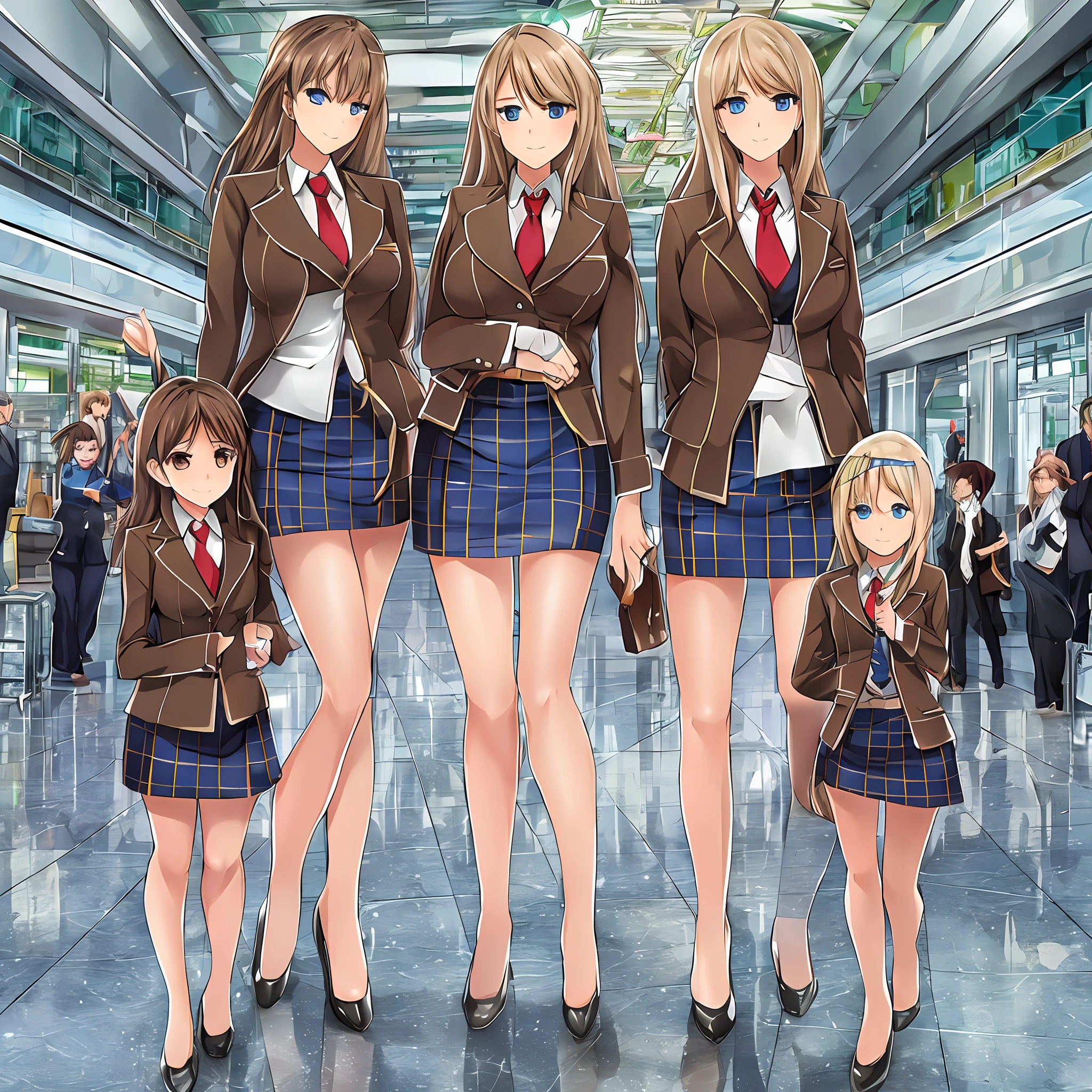 {{Mature female, caucasian}}, looking at viewer, hazel eyes, extremely detailed, medium breasts, brown hair, airport, flight attendant, uniform, blue blazer, red necktie, blue skirt, medium skirt, pencil skirt, blue high heels, happy, best quality, high quality, extremely detailed anime screencap, {{{{crowded, multiple girls, thousands of sisters, millions of sisters,billions of sisters, clone, doppelganger, matching outfit, matching hairstyle}}}}, full body