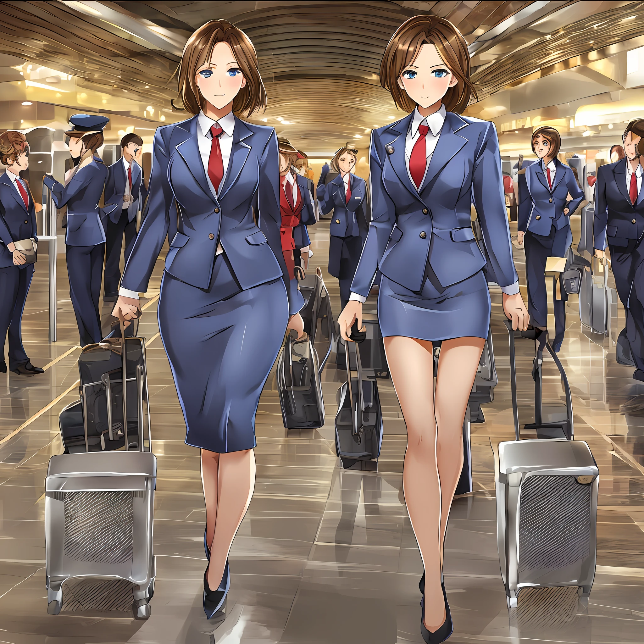 {{Mature female, caucasian}}, looking at viewer, hazel eyes, extremely detailed, medium breasts, brown hair, airport, flight attendant, uniform, blue blazer, red necktie, blue skirt, medium skirt, pencil skirt, blue high heels, happy, best quality, high quality, extremely detailed anime screencap, {{{{crowded, multiple girls, thousands of sisters, millions of sisters,billions of sisters, clone, doppelganger, matching outfit, matching hairstyle}}}}, full body