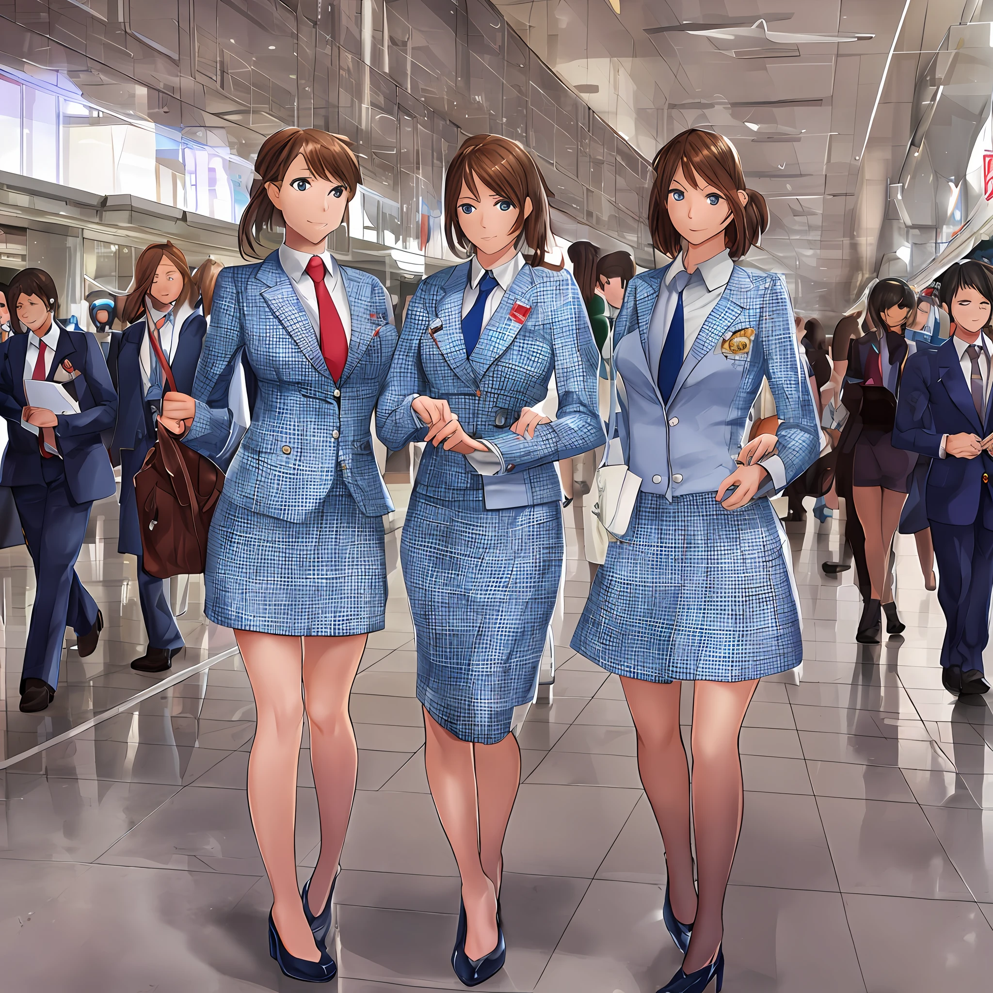 {{Mature female, caucasian}}, looking at viewer, hazel eyes, extremely detailed, medium breasts, brown hair, airport, flight attendant, uniform, blue blazer, blue necktie, blue skirt, medium skirt, pencil skirt, blue high heels, happy, best quality, high quality, extremely detailed anime screencap, {{{{crowded, multiple girls, thousands of sisters, millions of sisters,billions of sisters, clone, doppelganger, matching outfit, matching hairstyle}}}}, full body