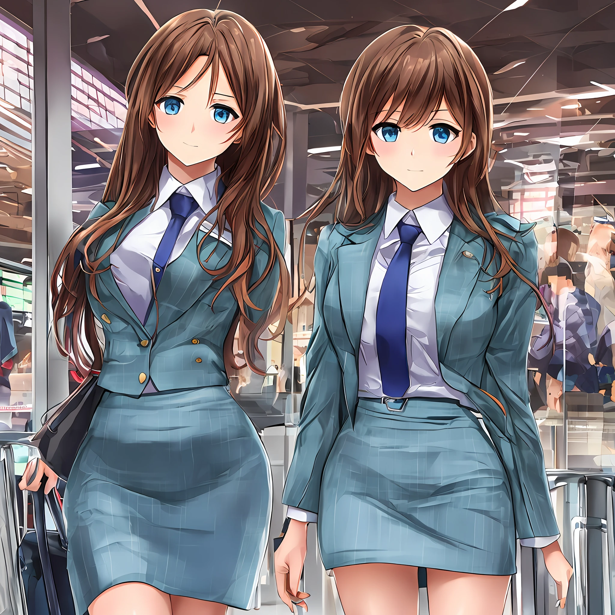 {{Mature female, caucasian}}, looking at viewer, hazel eyes, extremely detailed, medium breasts, brown hair, airport, flight attendant, uniform, blue blazer, blue necktie, blue skirt, medium skirt, pencil skirt, blue high heels, happy, best quality, high quality, extremely detailed anime screencap, {{{{crowded, multiple girls, thousands of sisters, millions of sisters,billions of sisters, clone, doppelganger, matching outfit, matching hairstyle}}}}, full body