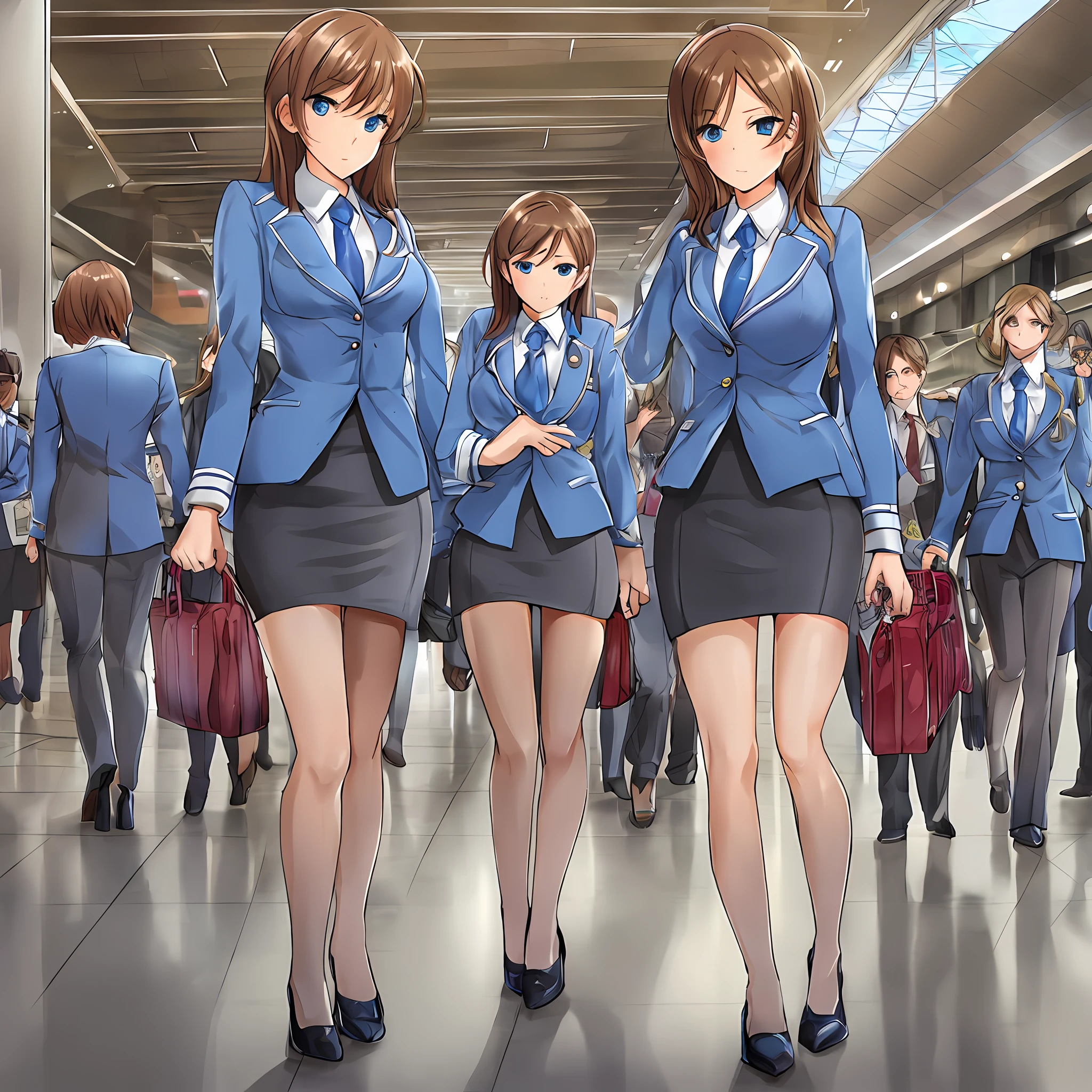 {{Mature female, caucasian}}, looking at viewer, hazel eyes, extremely detailed, medium breasts, brown hair, airport, flight attendant, uniform, blue blazer, blue necktie, blue skirt, medium skirt, pencil skirt, blue high heels, happy, best quality, high quality, extremely detailed anime screencap, {{{{crowded, multiple girls, thousands of sisters, millions of sisters,billions of sisters, clone, doppelganger, matching outfit, matching hairstyle}}}}, full body