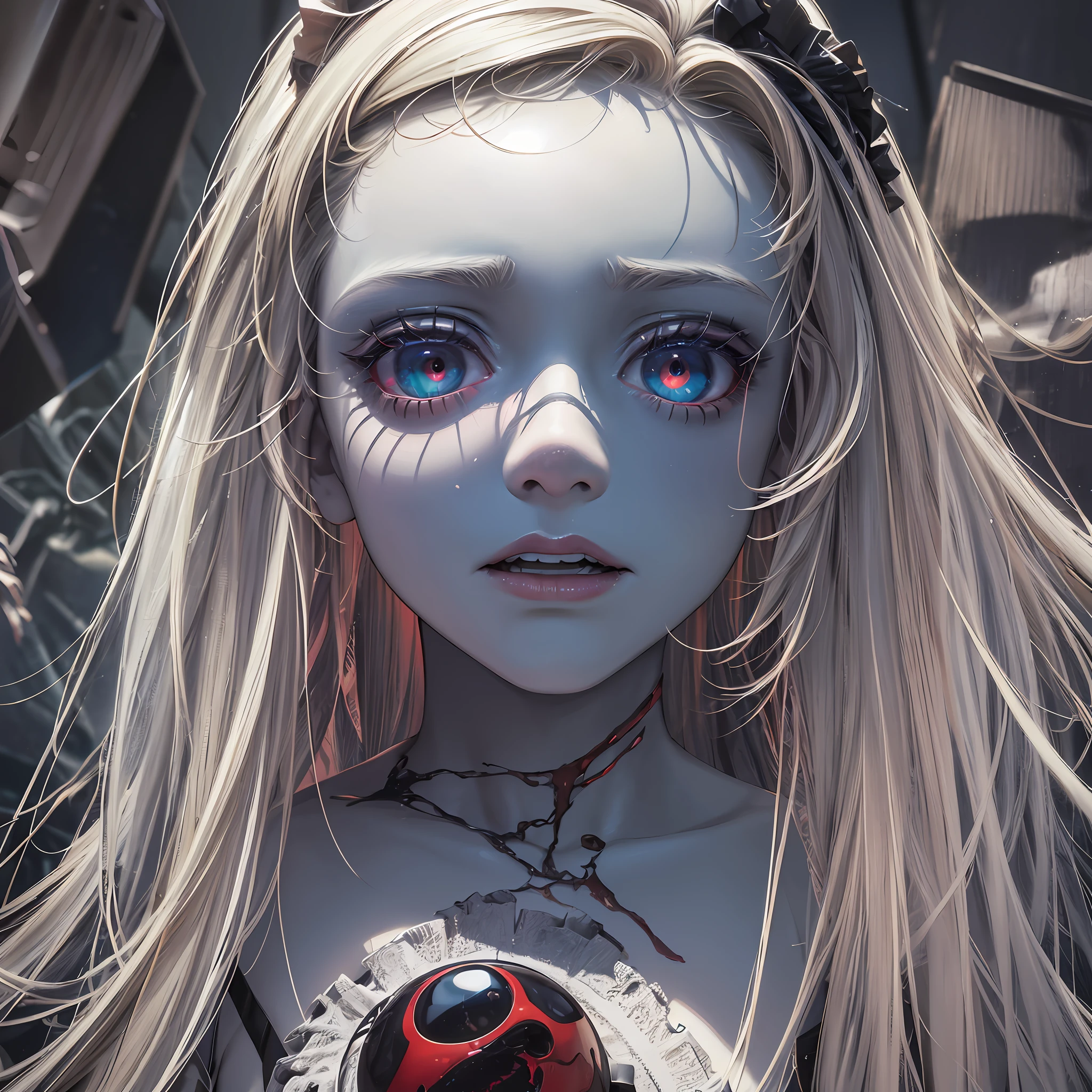 (best quality), (top quality), (8k), (3d), (masterpiece), (dark), (whole body), (melancholy), (sadness), (agony), (terror), (horror), (dark), (bright colors), (vibrant colors), (neon), (neon colors), (realistic photo), (real photo), (real doll), (real doll), (realistic doll), zombie ventriloquist doll, dirty with blood, broken skin, white light blonde hair, white colored eyes, being controlled in a room of dark and terrifying toys. --auto --s2